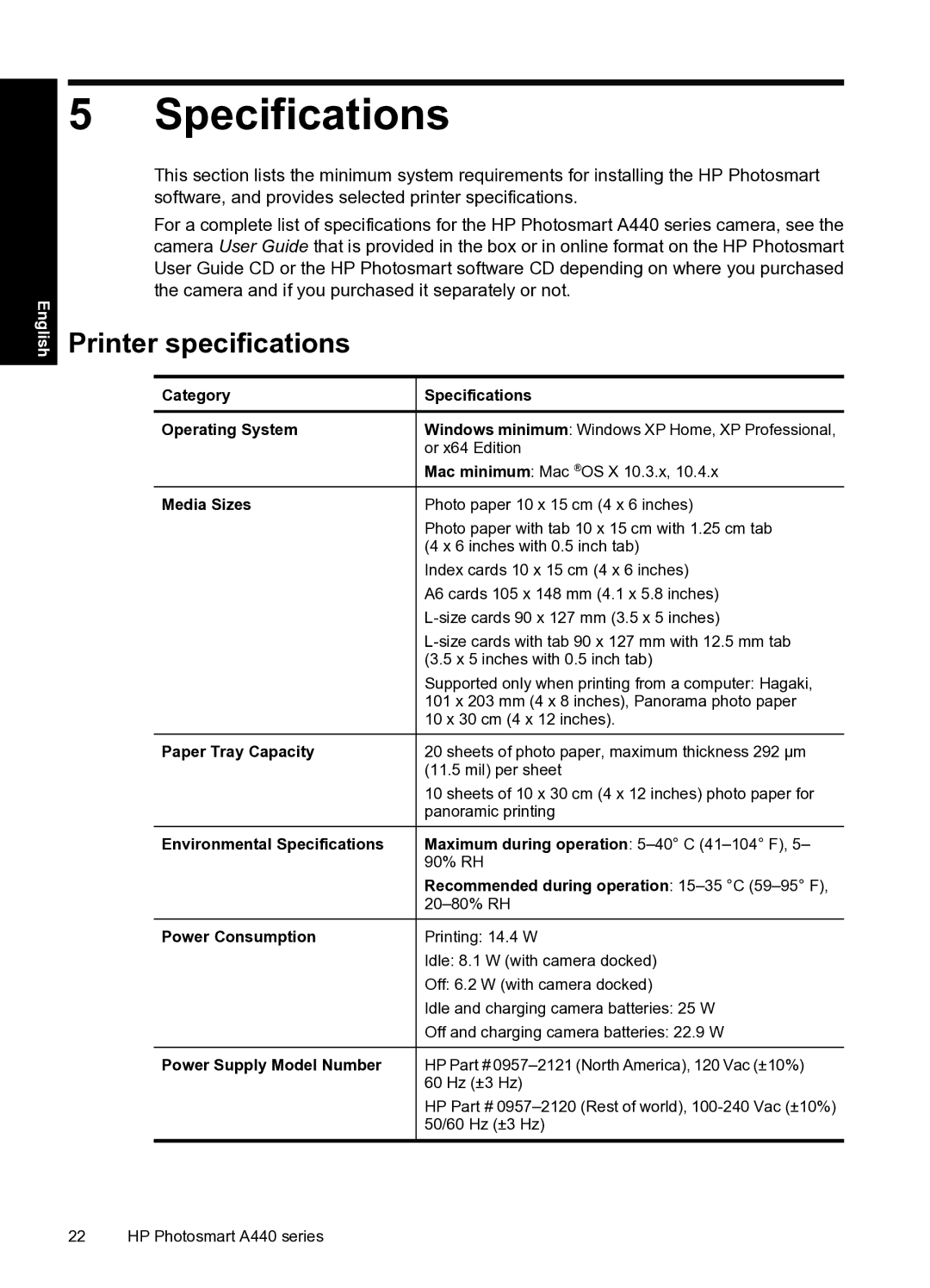 HP A440 manual Specifications, Printer specifications 