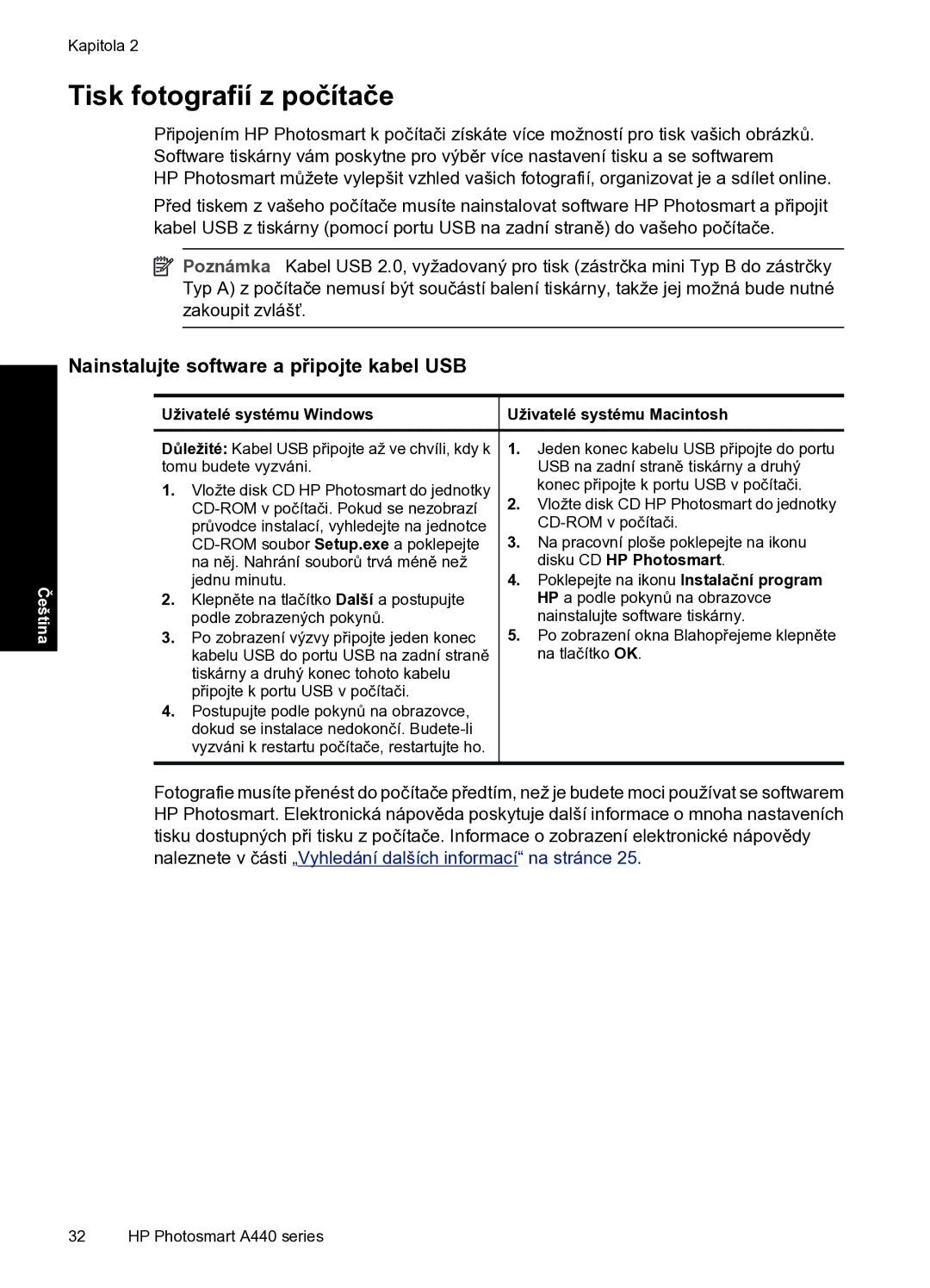 HP A440 manual Tisk fotografií z počítače, Nainstalujte software a připojte kabel USB 