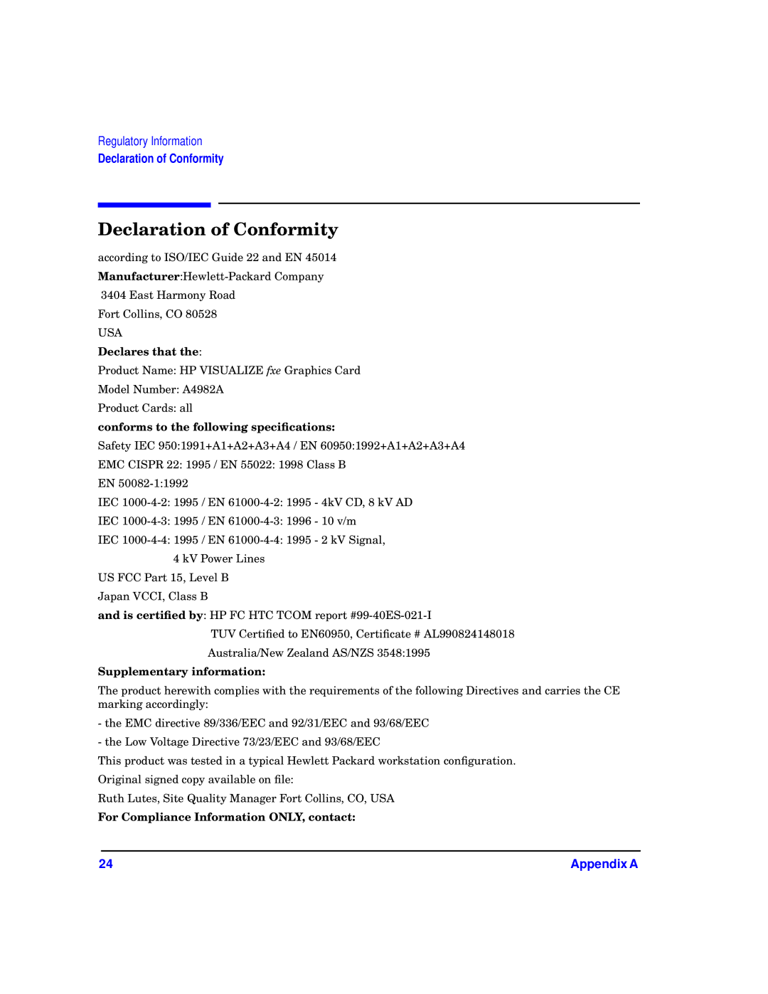 HP a4552-90016 manual Declaration of Conformity 