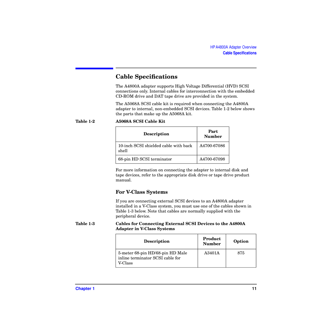 HP A4800A manual Cable Speciﬁcations, A5068A Scsi Cable Kit Description Part Number 