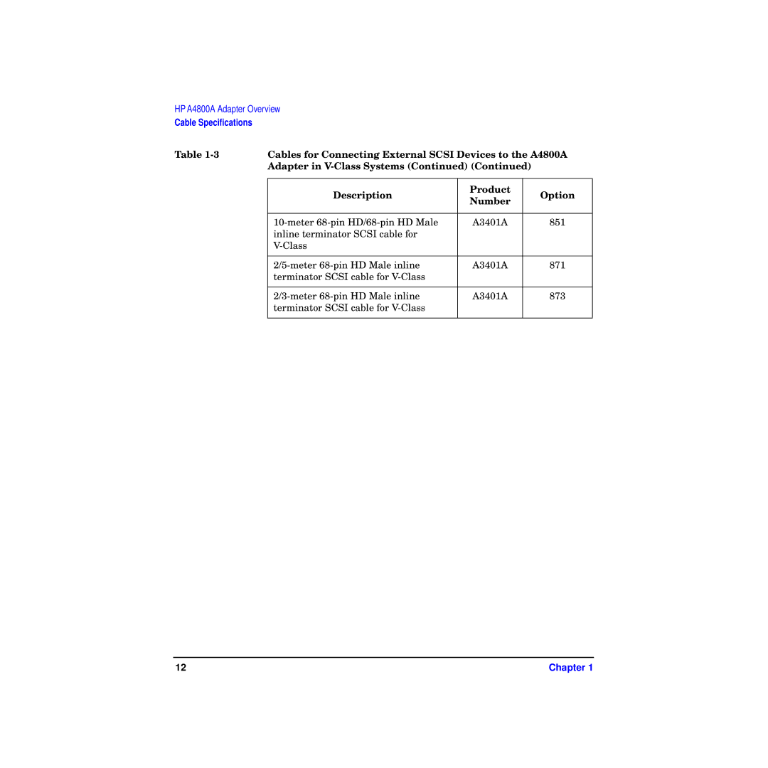 HP A4800A manual Adapter in V-Class Systems Description Product Option Number 