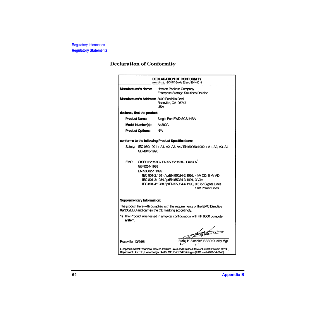 HP A4800A manual Declaration of Conformity 