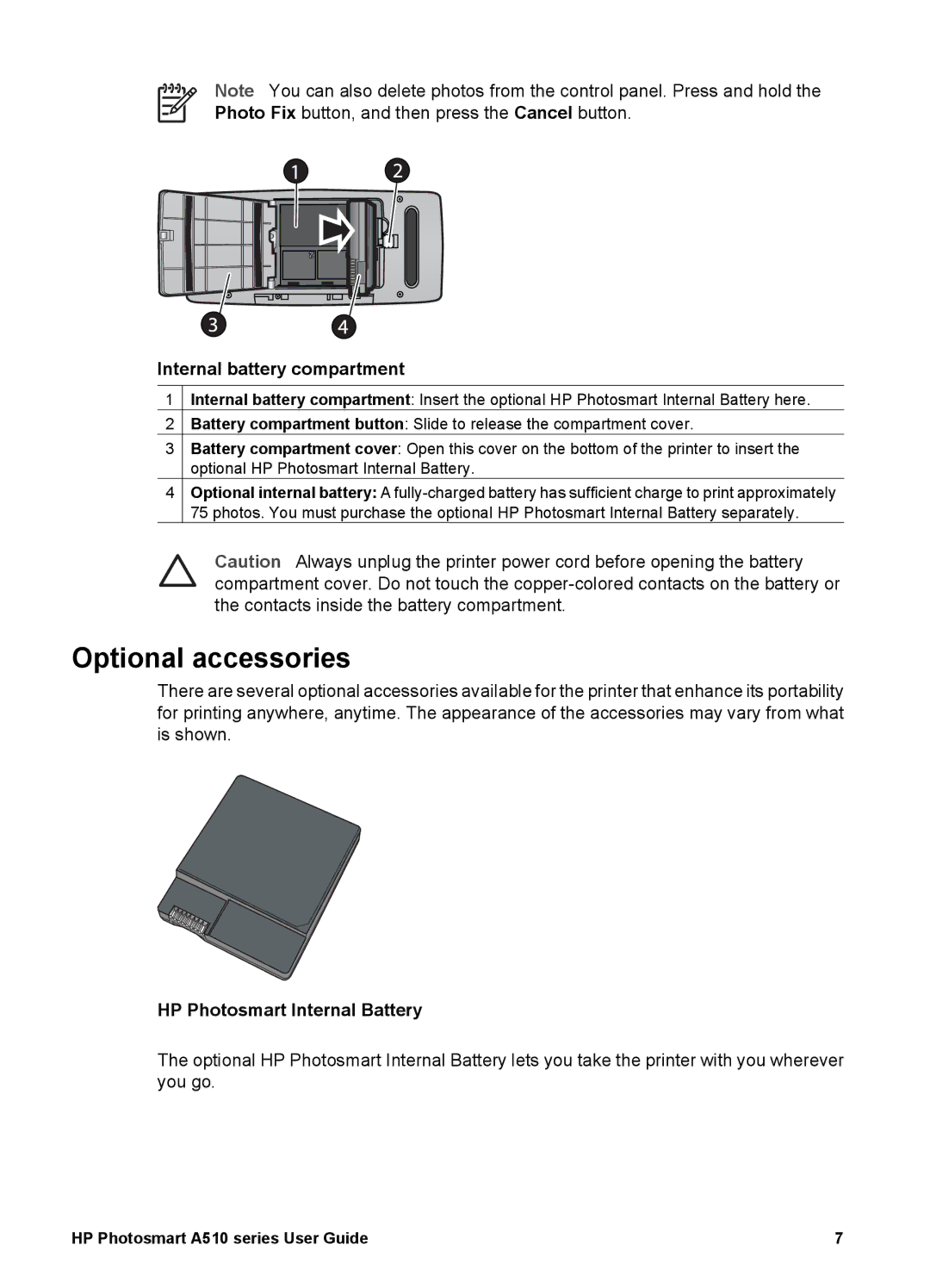 HP A510 manual Optional accessories, Internal battery compartment, HP Photosmart Internal Battery 