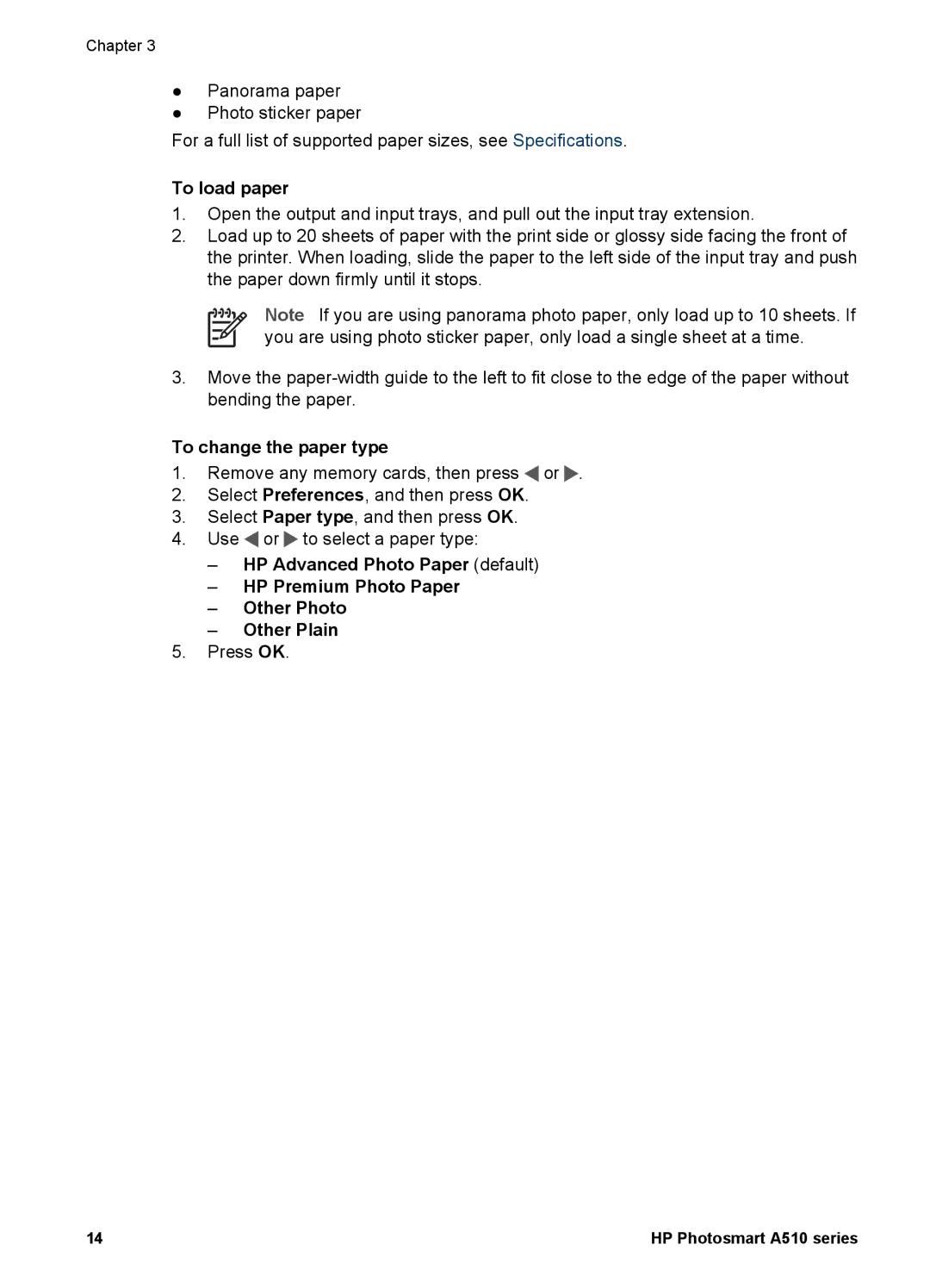 HP A510 manual To load paper, To change the paper type 