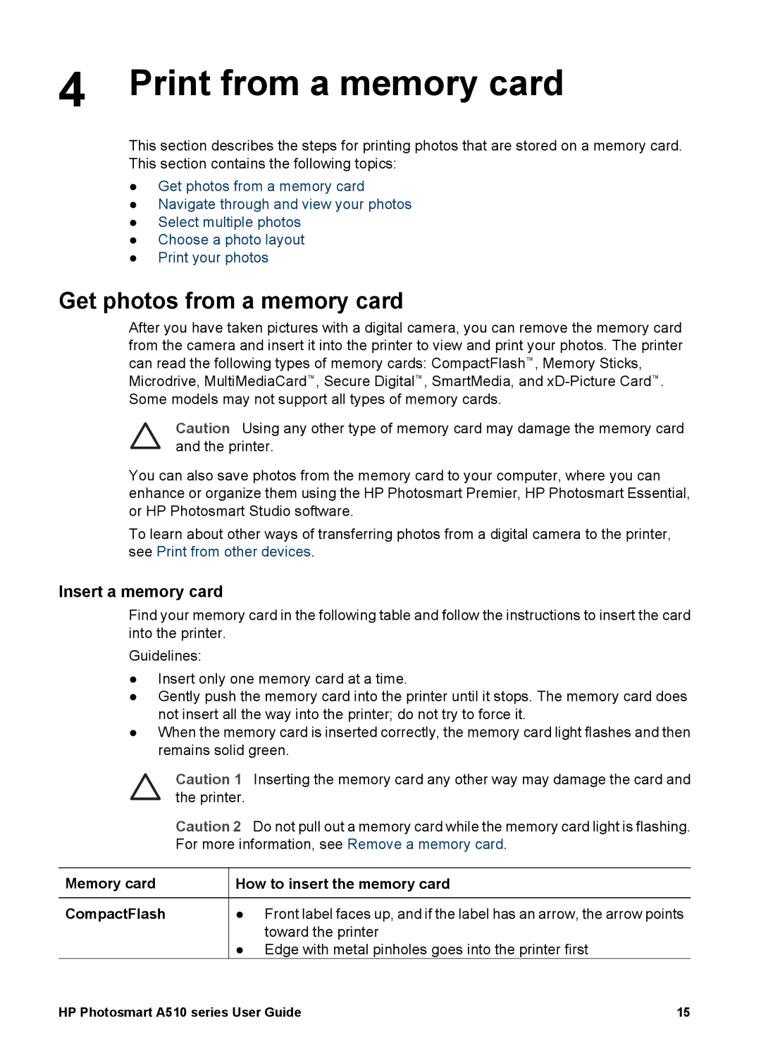 HP A510 manual Print from a memory card, Get photos from a memory card, Insert a memory card 