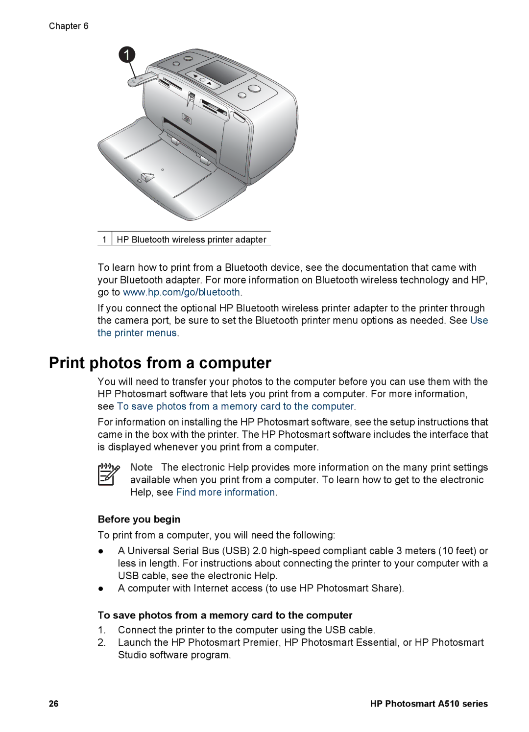 HP A510 manual Print photos from a computer, To save photos from a memory card to the computer 