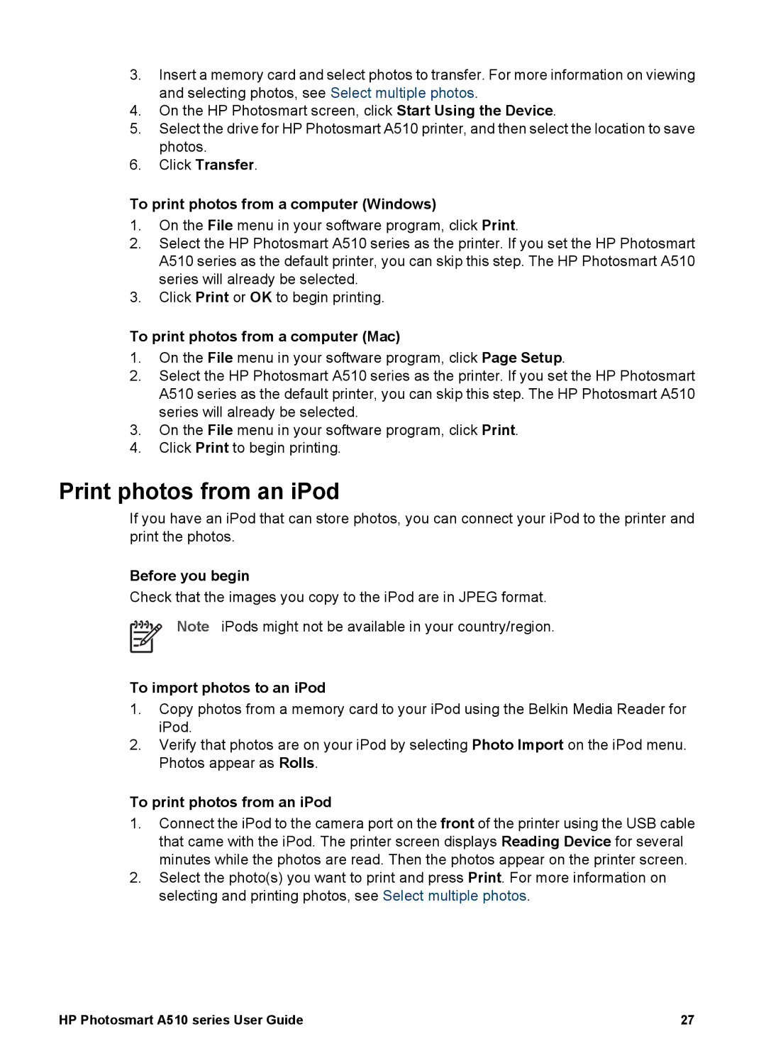 HP A510 Print photos from an iPod, Click Transfer To print photos from a computer Windows, To import photos to an iPod 