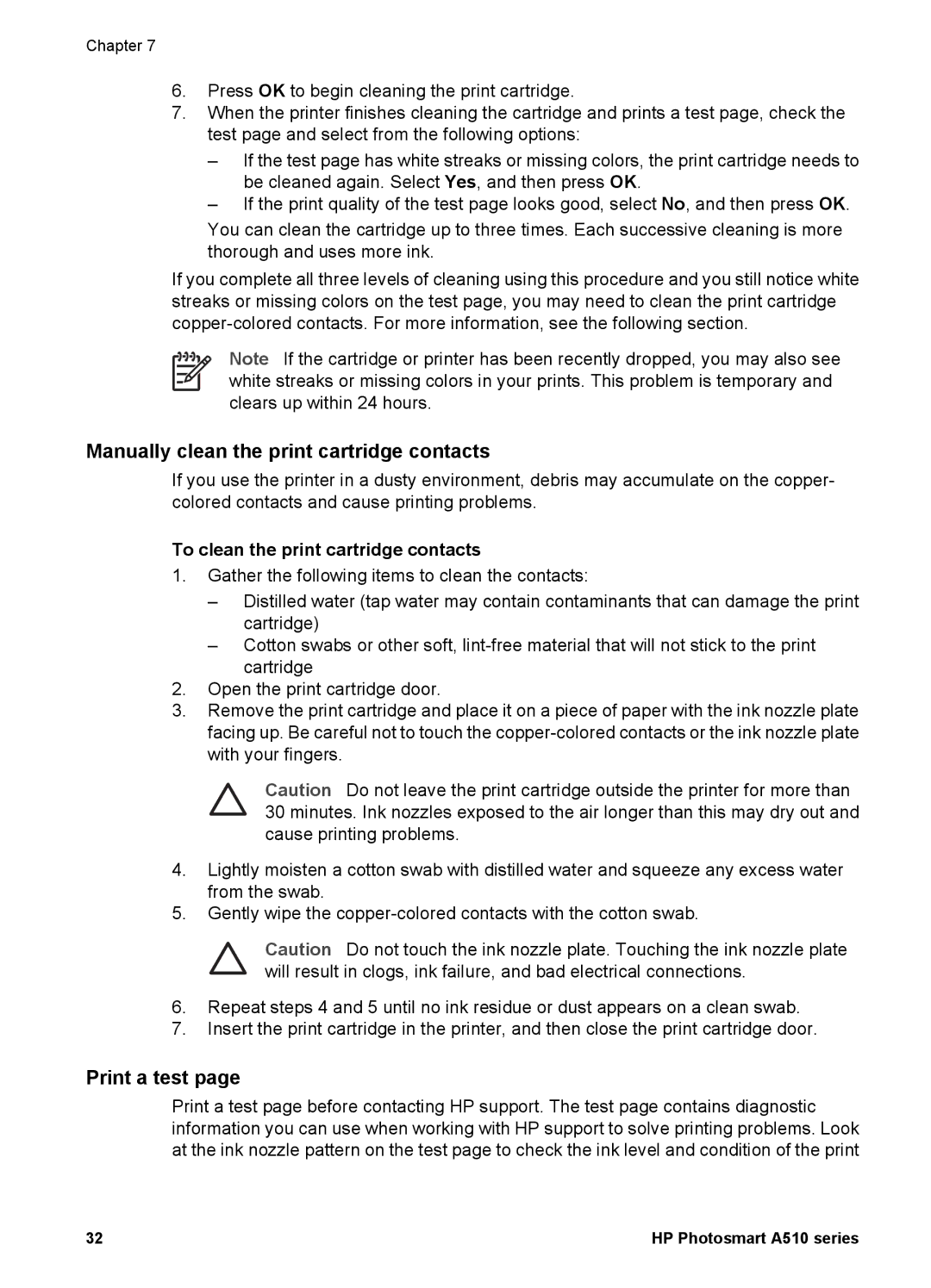 HP A510 manual Manually clean the print cartridge contacts, Print a test, To clean the print cartridge contacts 