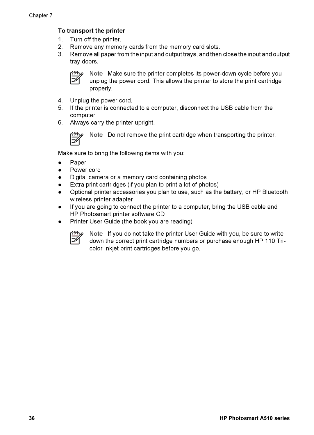 HP A510 manual To transport the printer 