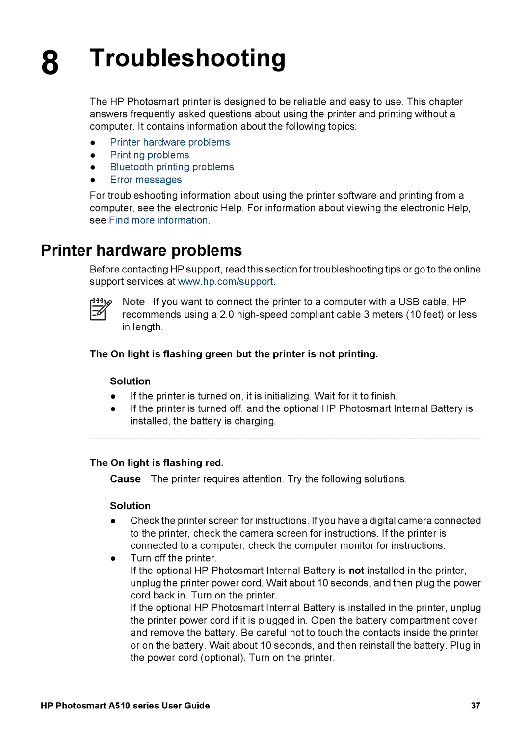 HP A510 manual Troubleshooting, Printer hardware problems, On light is flashing red 