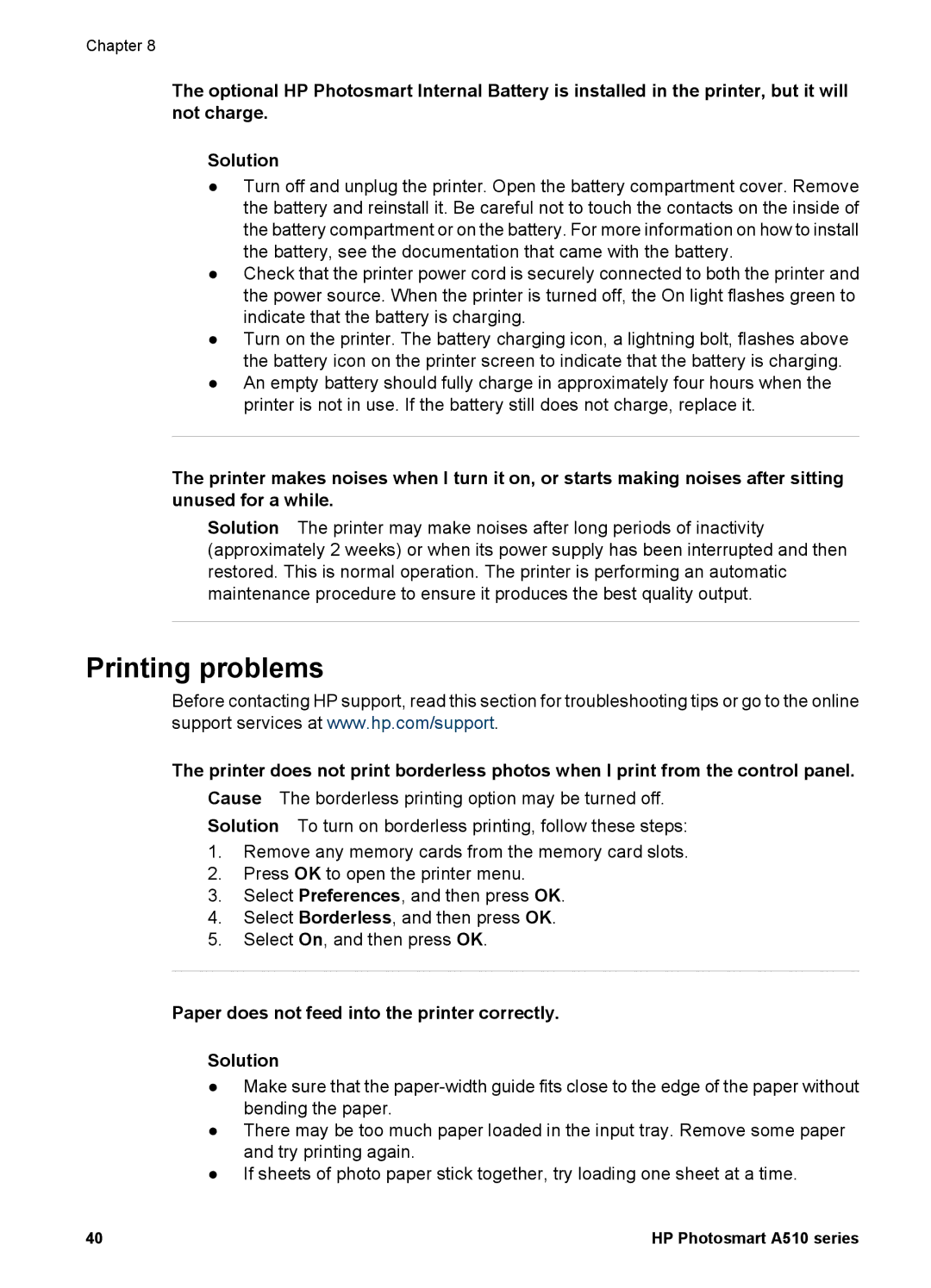 HP A510 manual Printing problems, Paper does not feed into the printer correctly Solution 