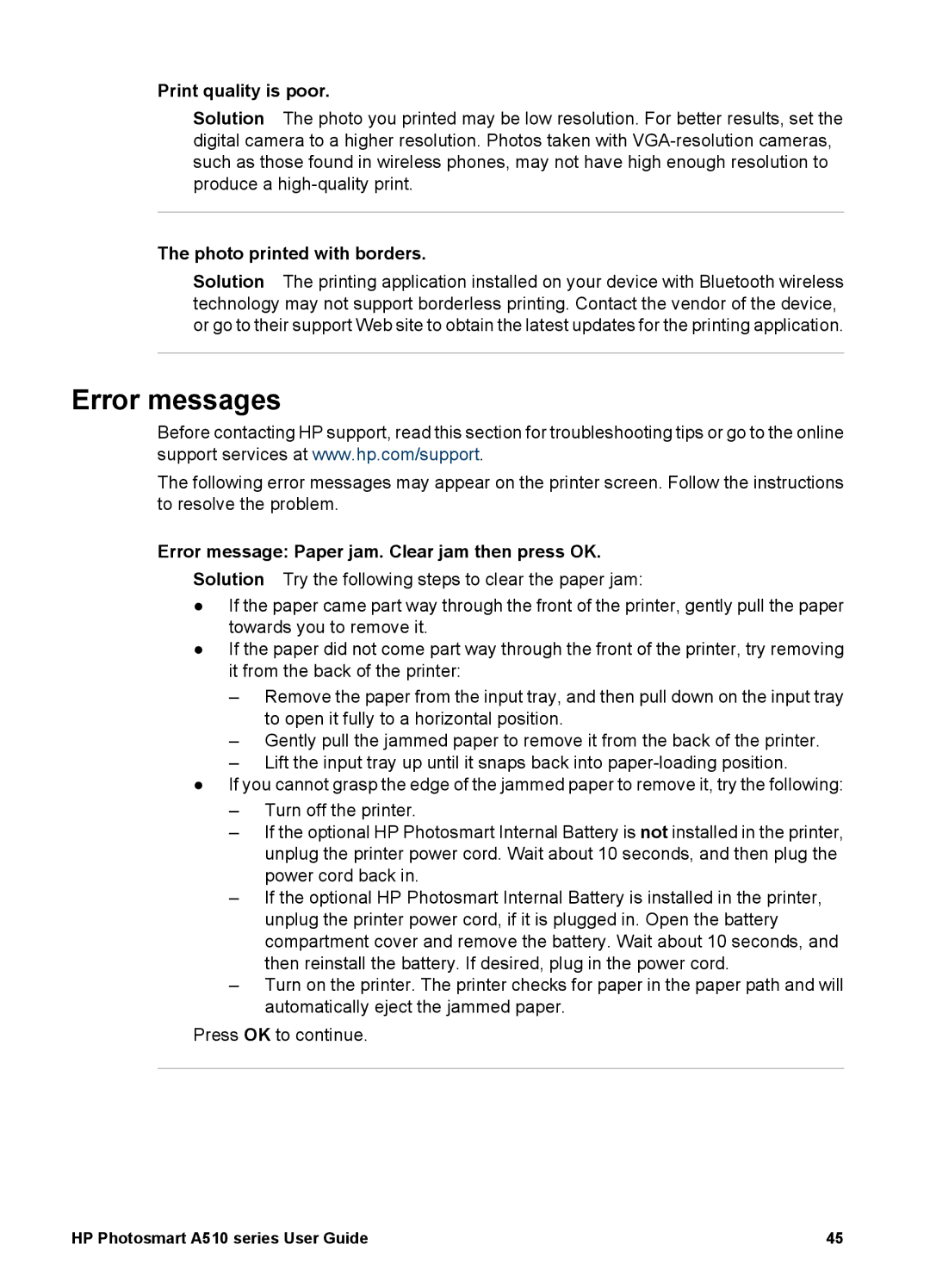 HP A510 manual Error messages, Print quality is poor, Photo printed with borders 