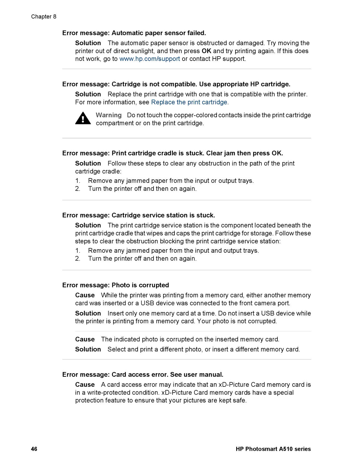 HP A510 manual Error message Cartridge service station is stuck, Error message Photo is corrupted 