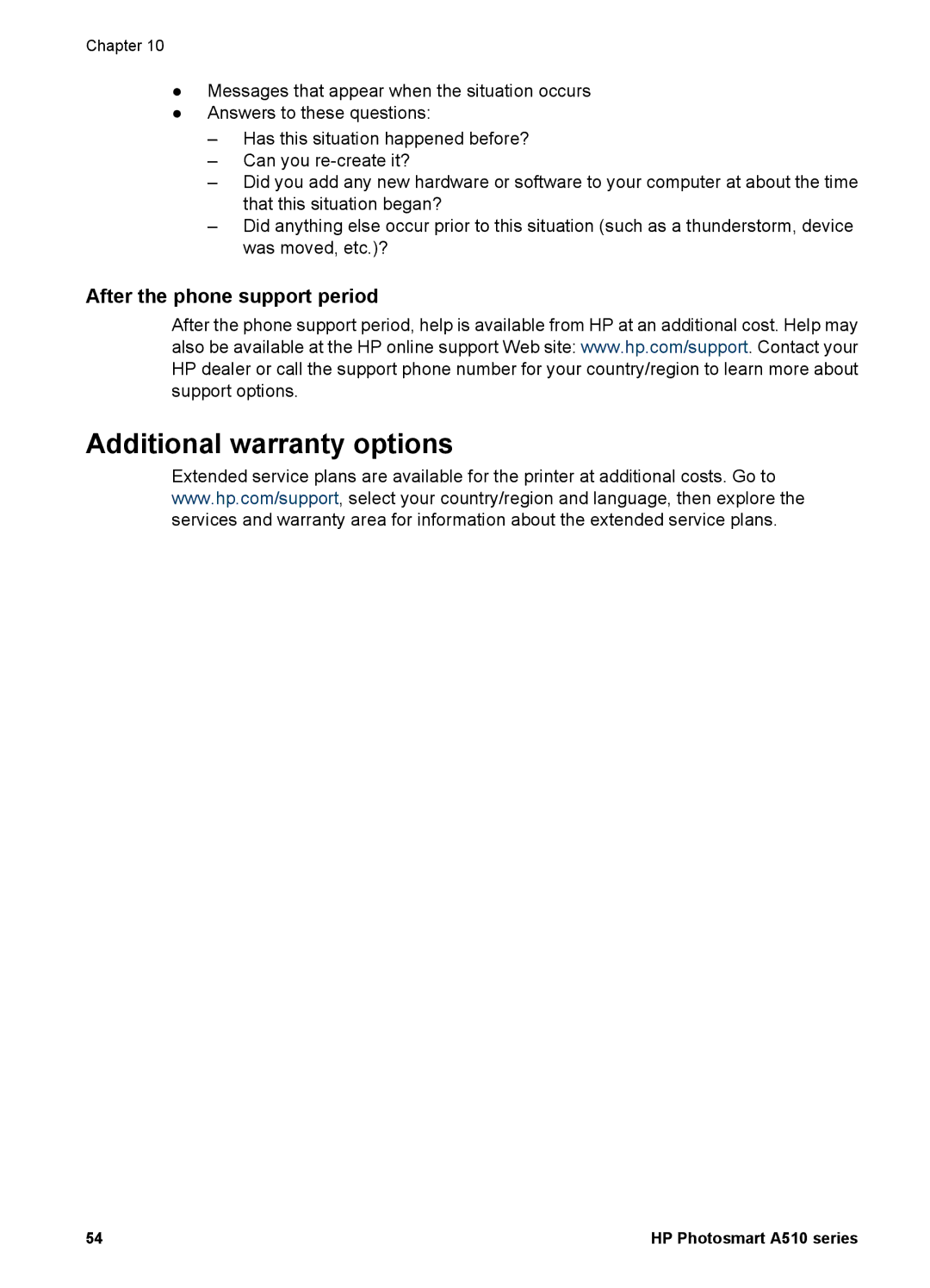 HP A510 manual Additional warranty options, After the phone support period 