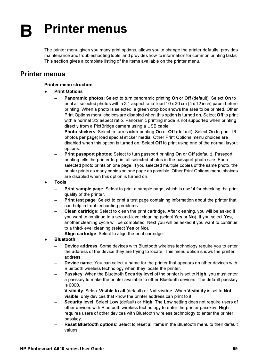 HP A510 manual Printer menus 