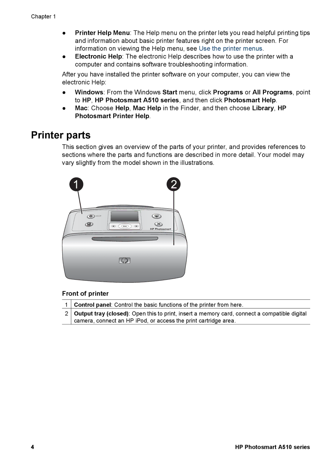 HP A510 manual Printer parts, Front of printer 