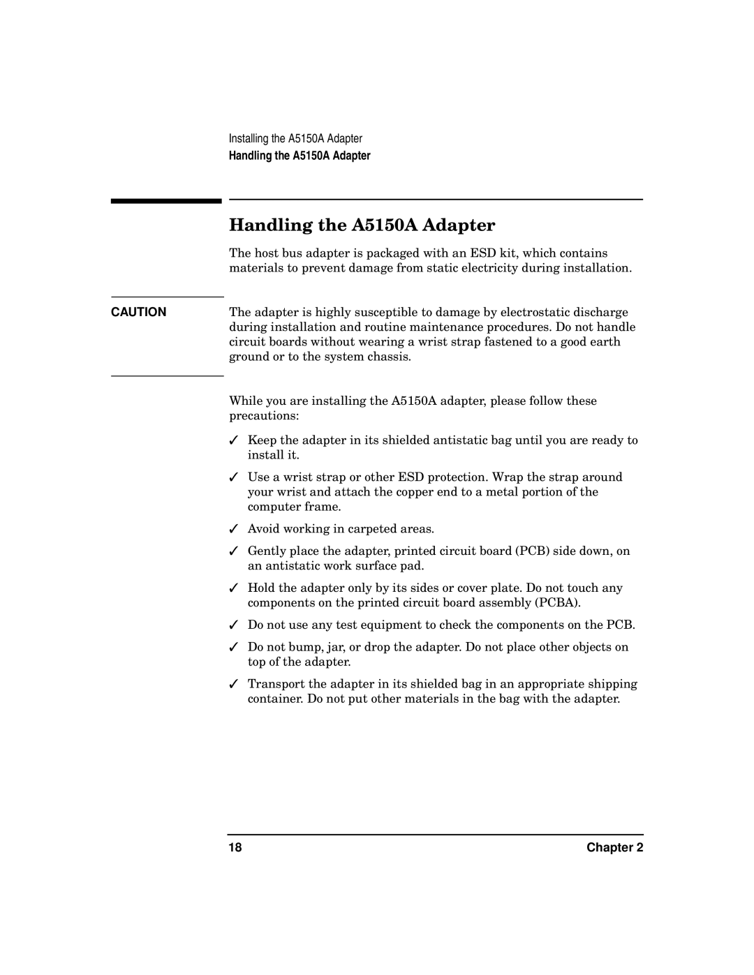 HP manual Handling the A5150A Adapter 