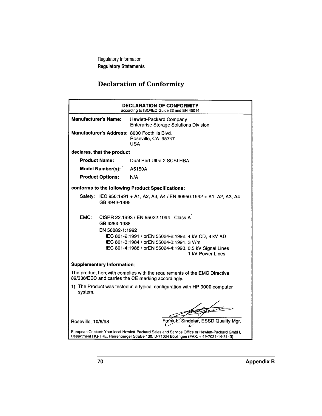 HP A5150A manual Declaration of Conformity 