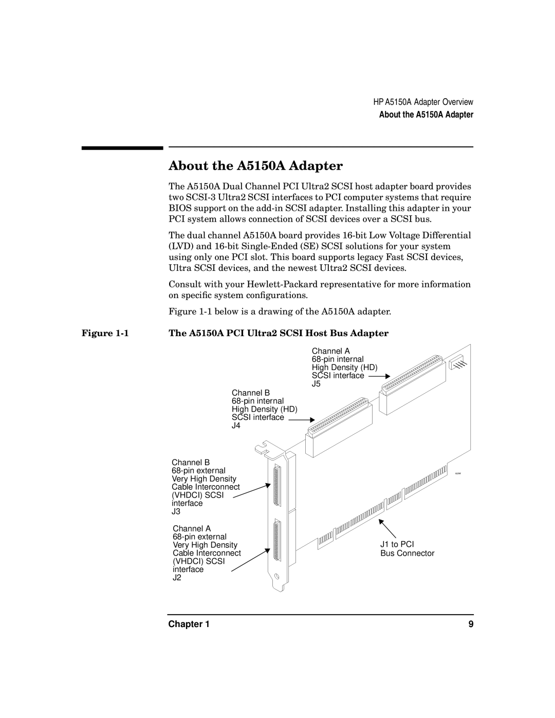 HP manual About the A5150A Adapter, A5150A PCI Ultra2 Scsi Host Bus Adapter 