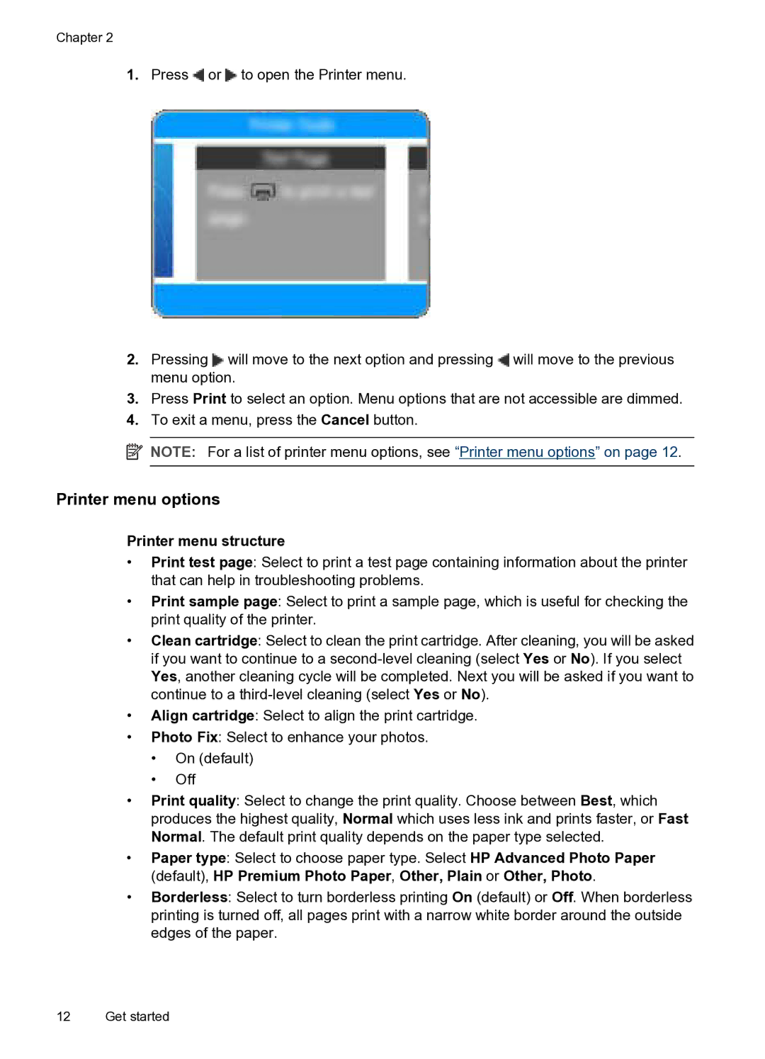 HP A520 manual Printer menu options, Printer menu structure 