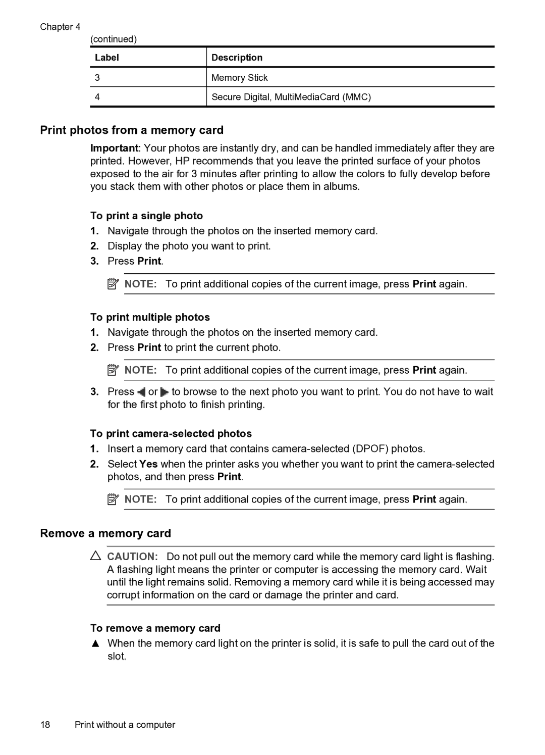 HP A520 manual Print photos from a memory card, Remove a memory card 