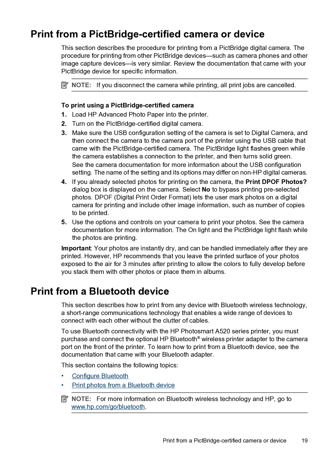 HP A520 manual Print from a PictBridge-certified camera or device, Print from a Bluetooth device 