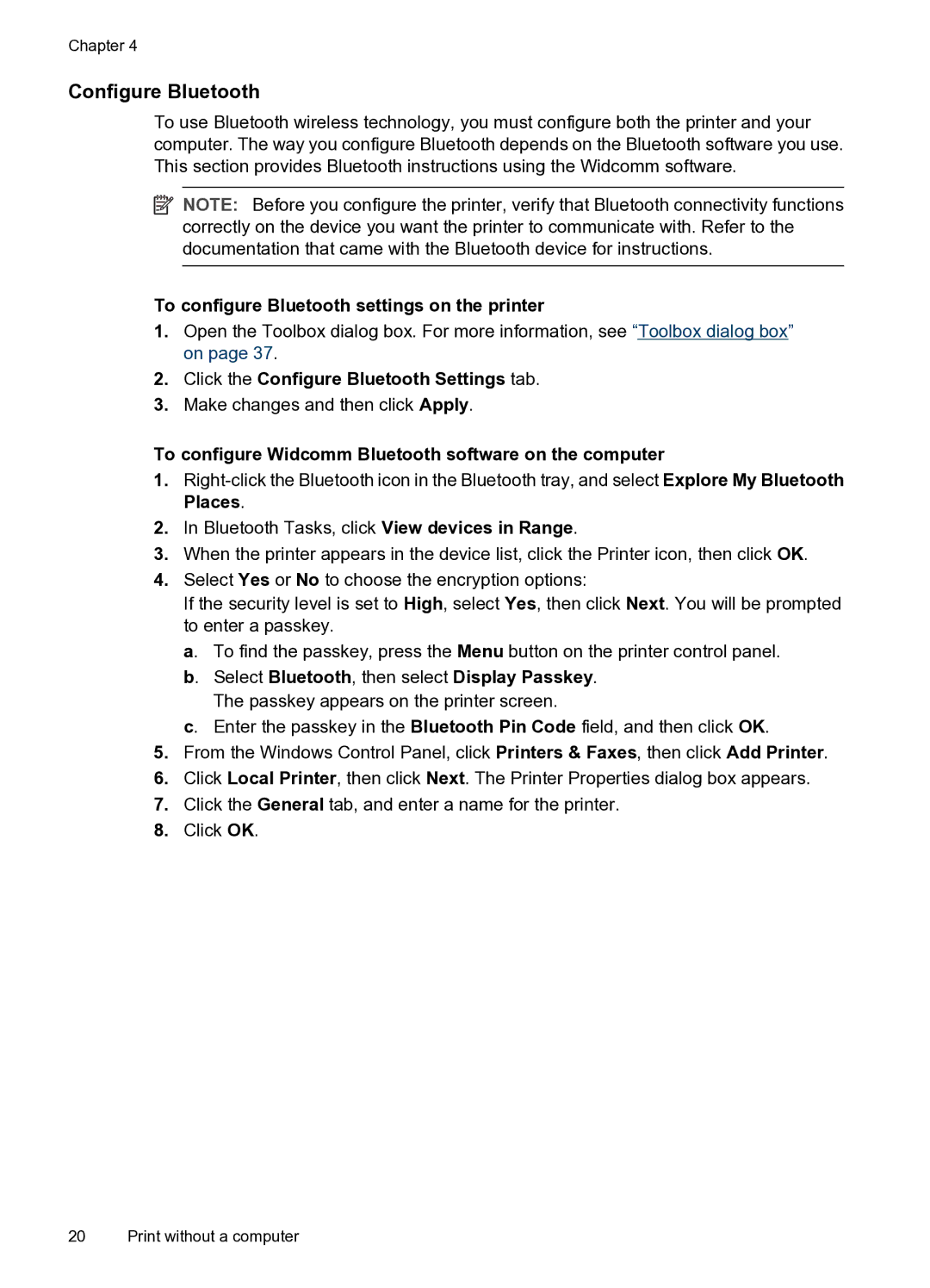 HP A520 manual To configure Bluetooth settings on the printer, Click the Configure Bluetooth Settings tab 