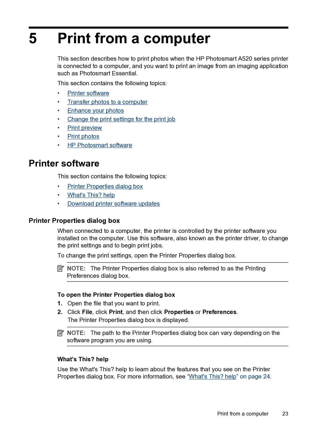 HP A520 manual Print from a computer, Printer software, To open the Printer Properties dialog box, Whats This? help 