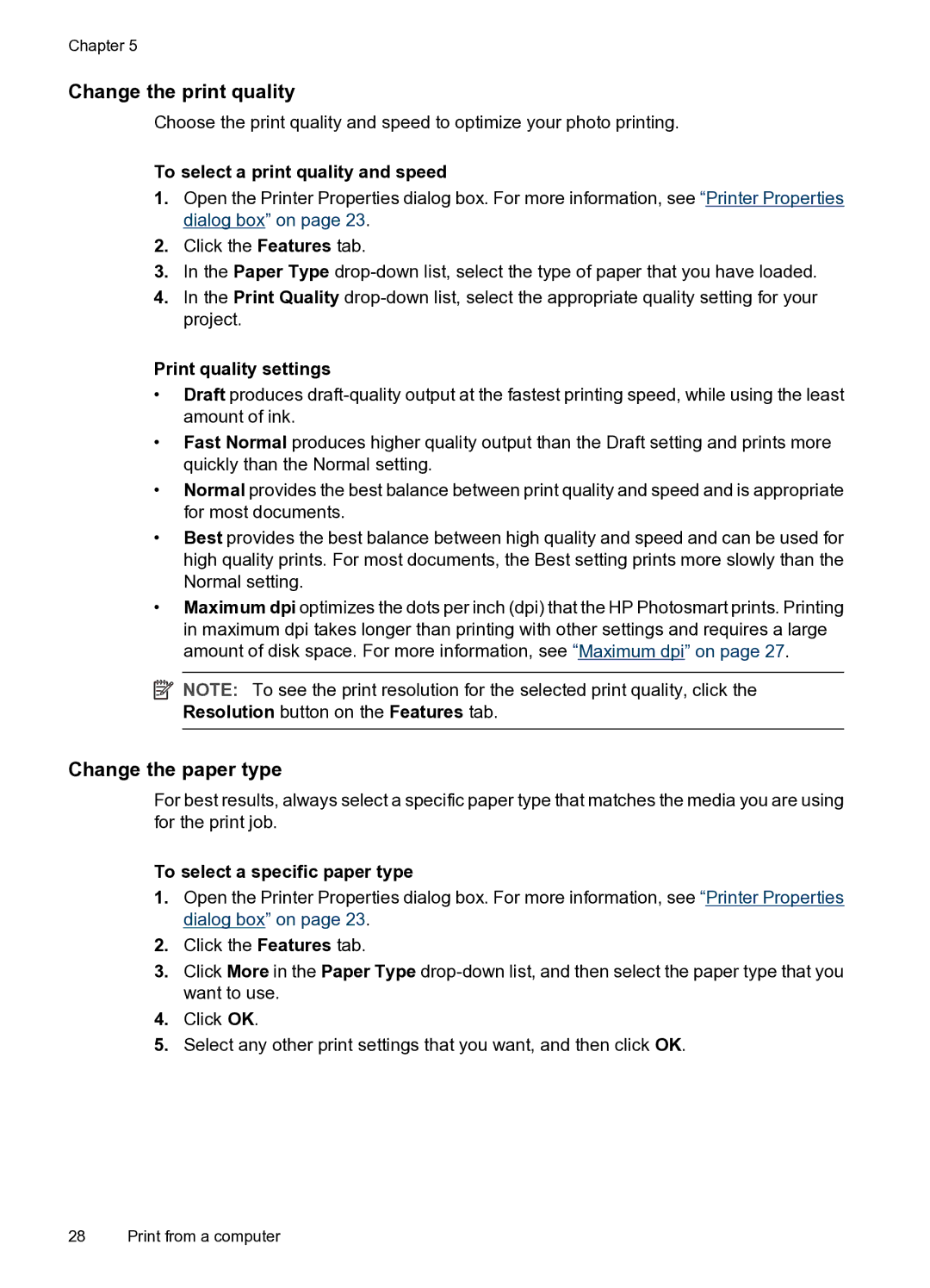 HP A520 manual Change the print quality, Change the paper type, To select a print quality and speed, Print quality settings 