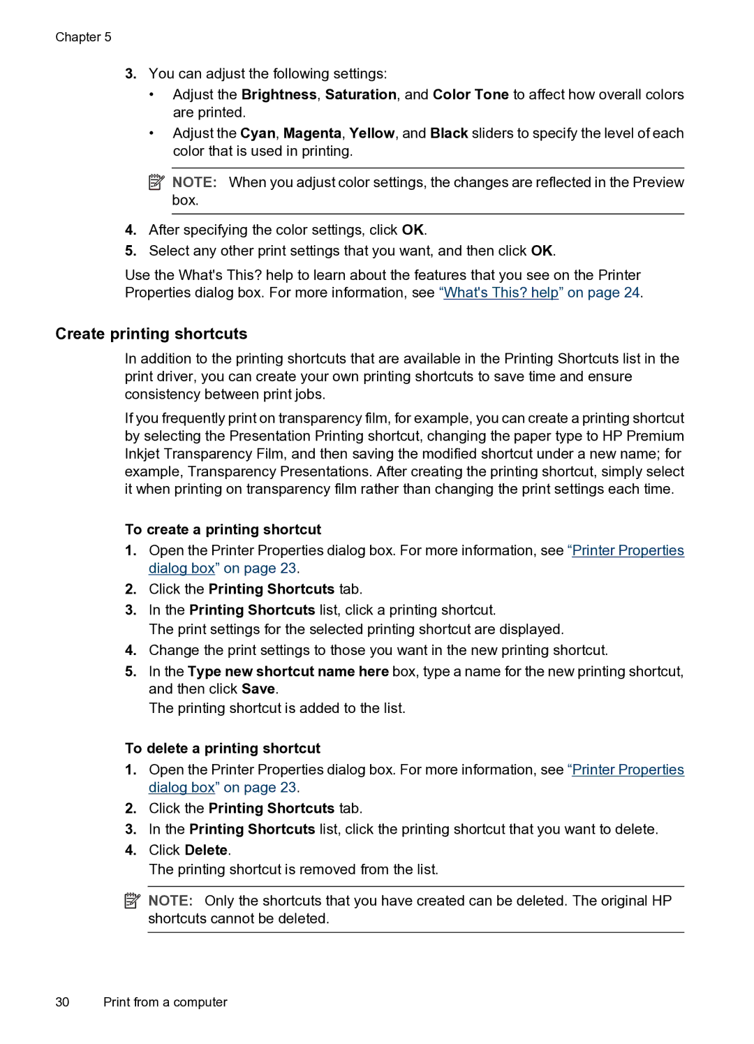 HP A520 manual Create printing shortcuts, To create a printing shortcut, Click the Printing Shortcuts tab 