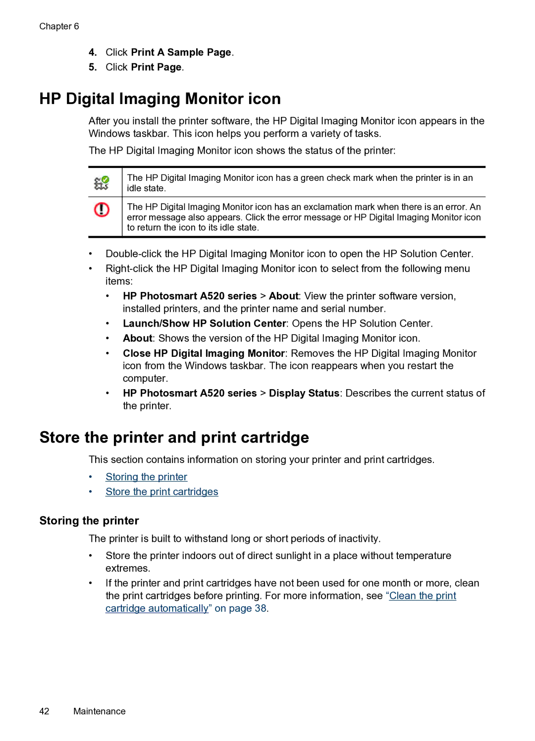 HP A520 HP Digital Imaging Monitor icon, Store the printer and print cartridge, Storing the printer, Click Print a Sample 