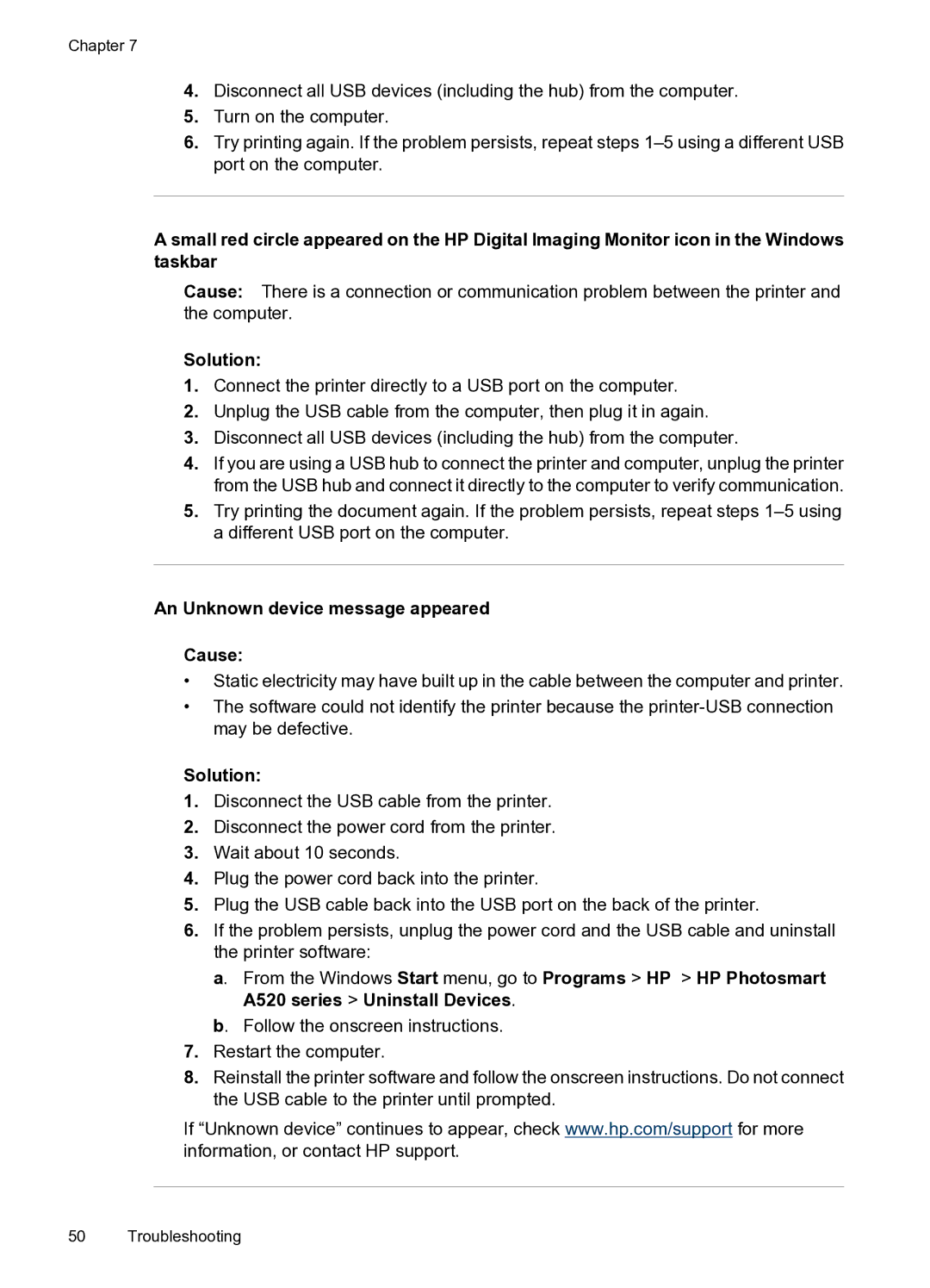 HP A520 manual An Unknown device message appeared Cause 