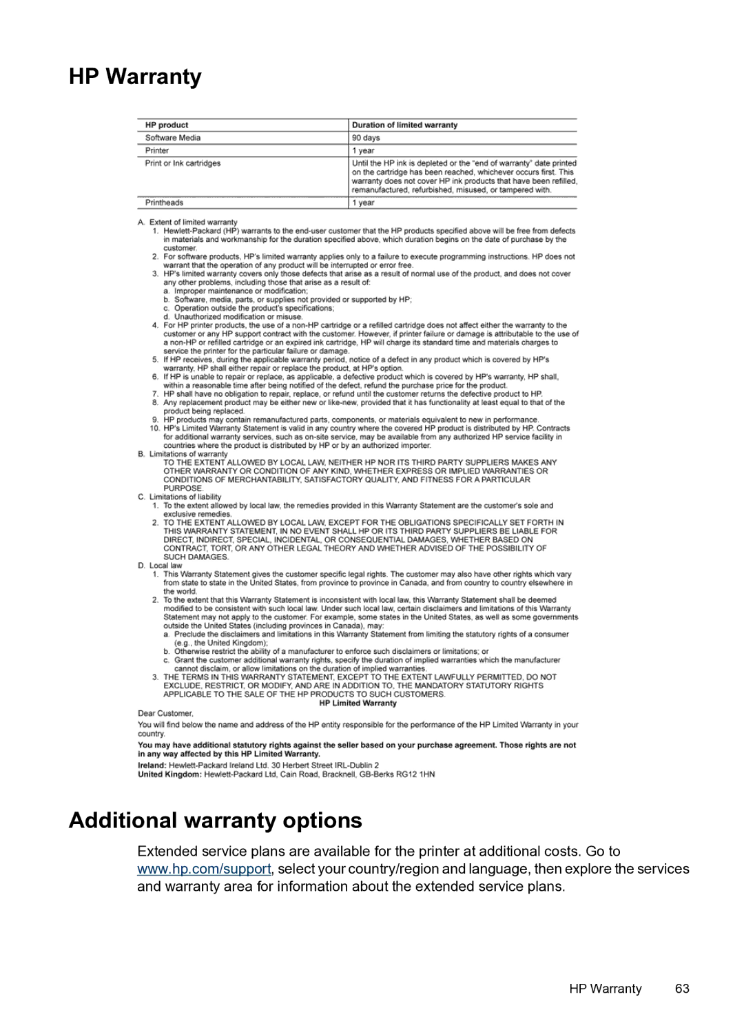 HP A520 manual HP Warranty Additional warranty options 