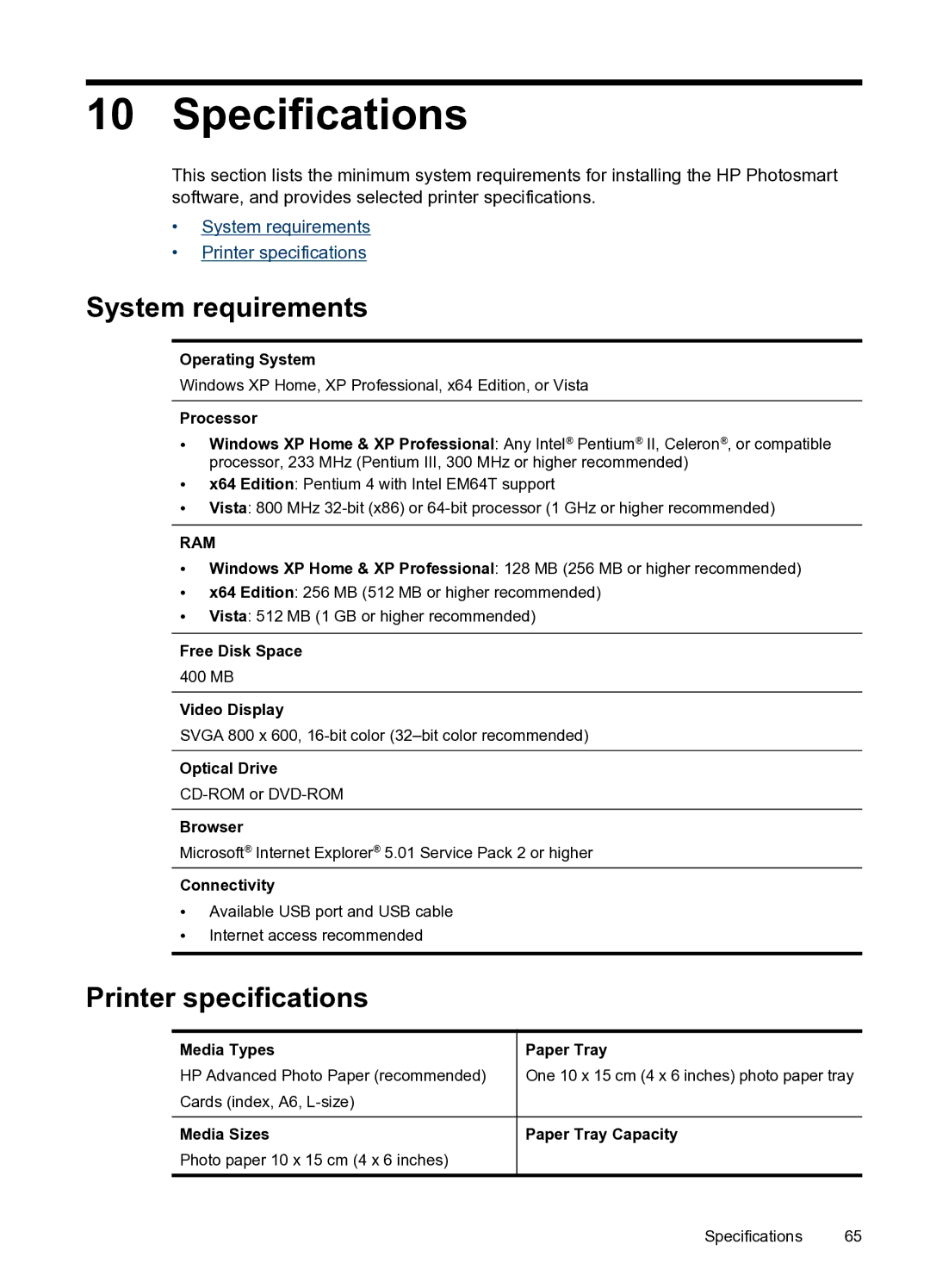 HP A520 manual Specifications, System requirements, Printer specifications 