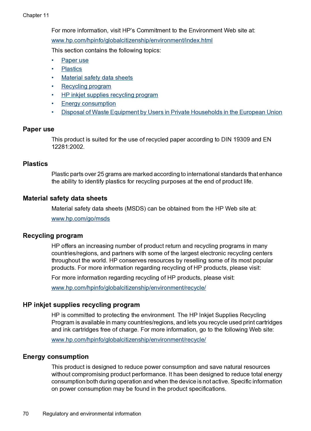 HP A520 manual Paper use, Plastics, Material safety data sheets, Recycling program, HP inkjet supplies recycling program 