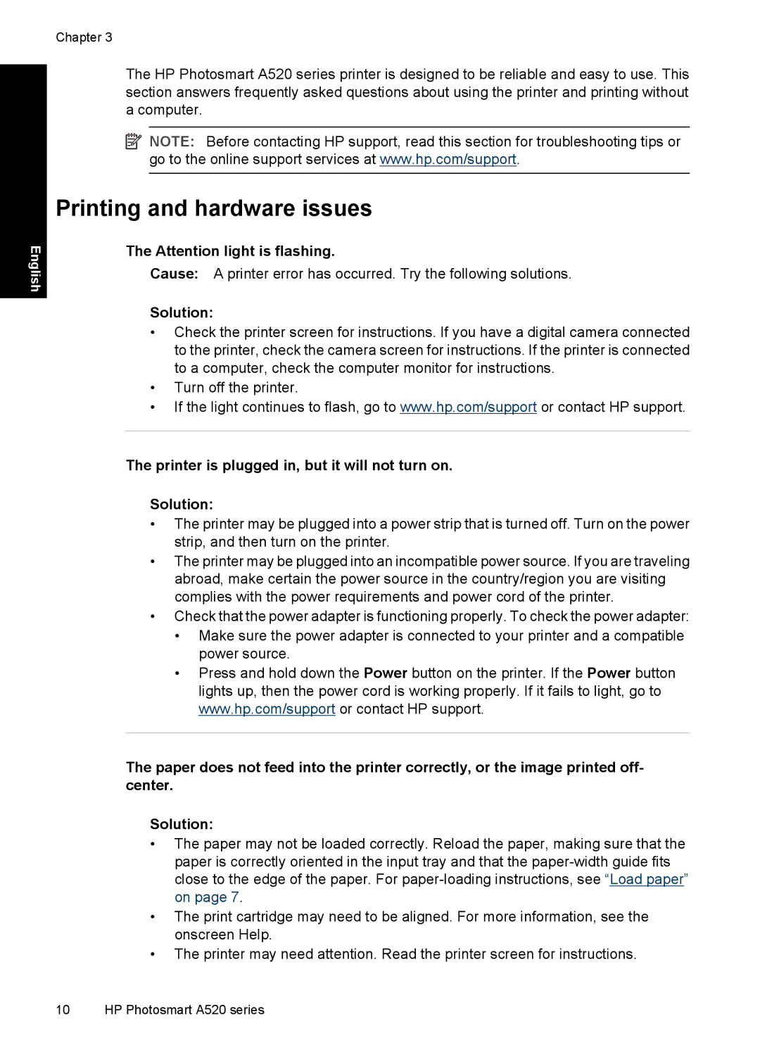 HP A528 manual Printing and hardware issues, Printer is plugged in, but it will not turn on Solution 