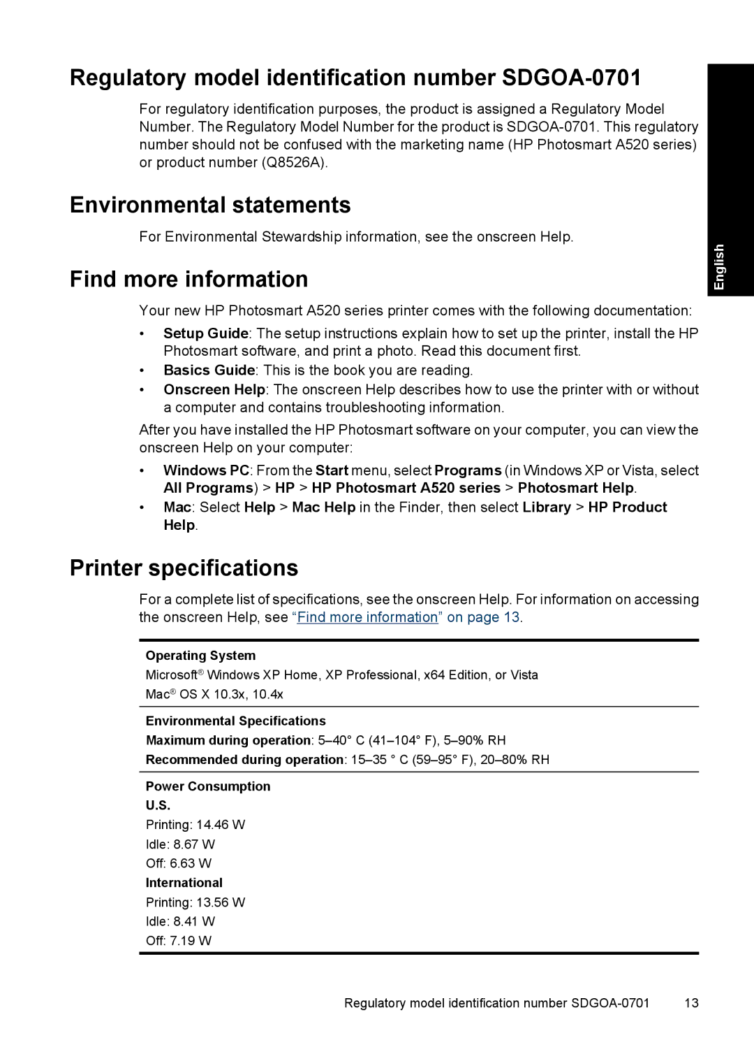 HP A528 manual Regulatory model identification number SDGOA-0701, Environmental statements, Find more information 