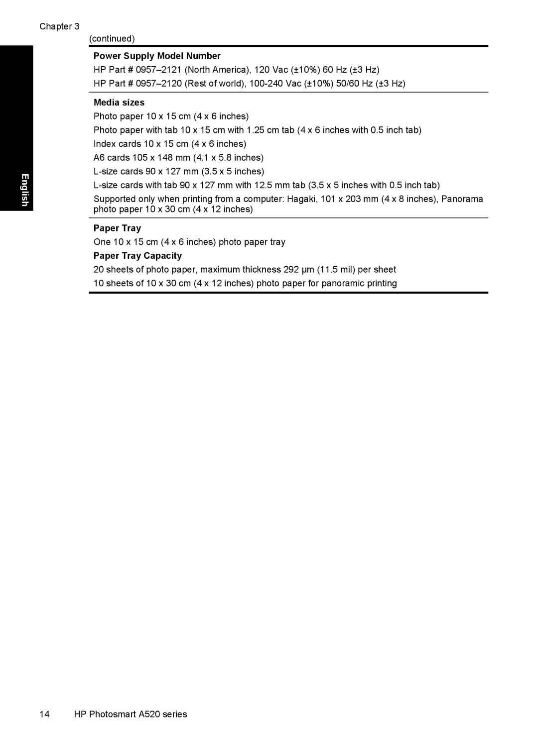 HP A528 manual Power Supply Model Number, Media sizes, Paper Tray Capacity 