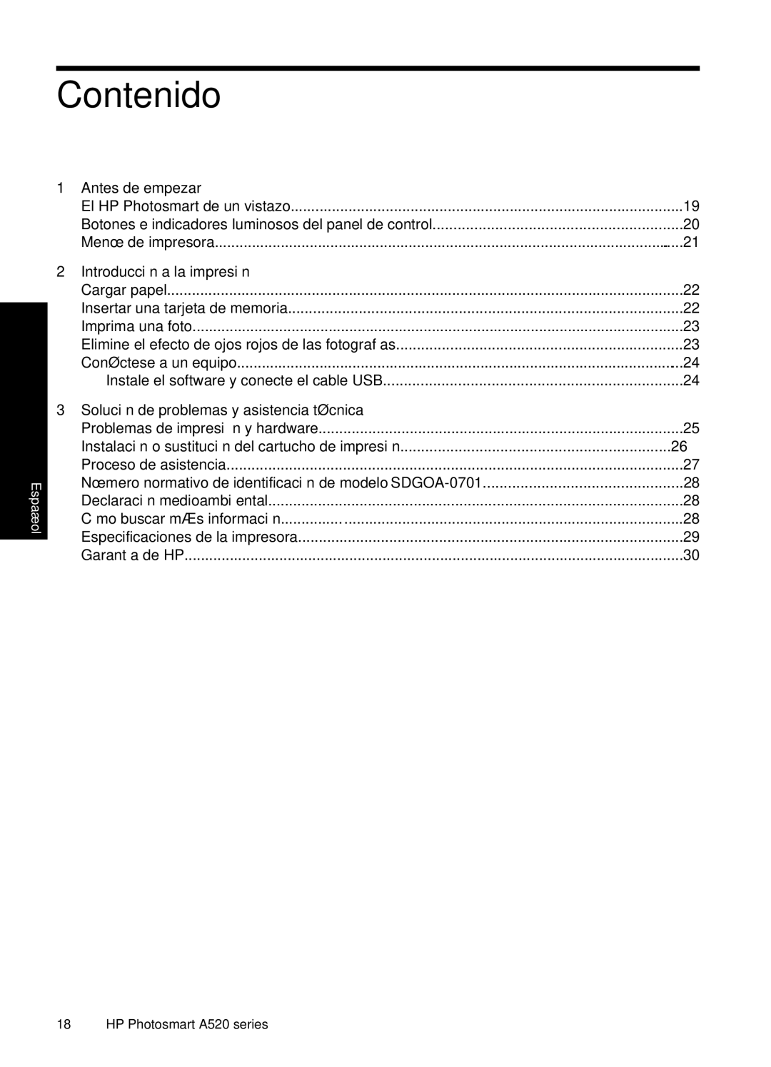 HP A528 manual Contenido, Antes de empezar, Introducción a la impresión, Solución de problemas y asistencia técnica 