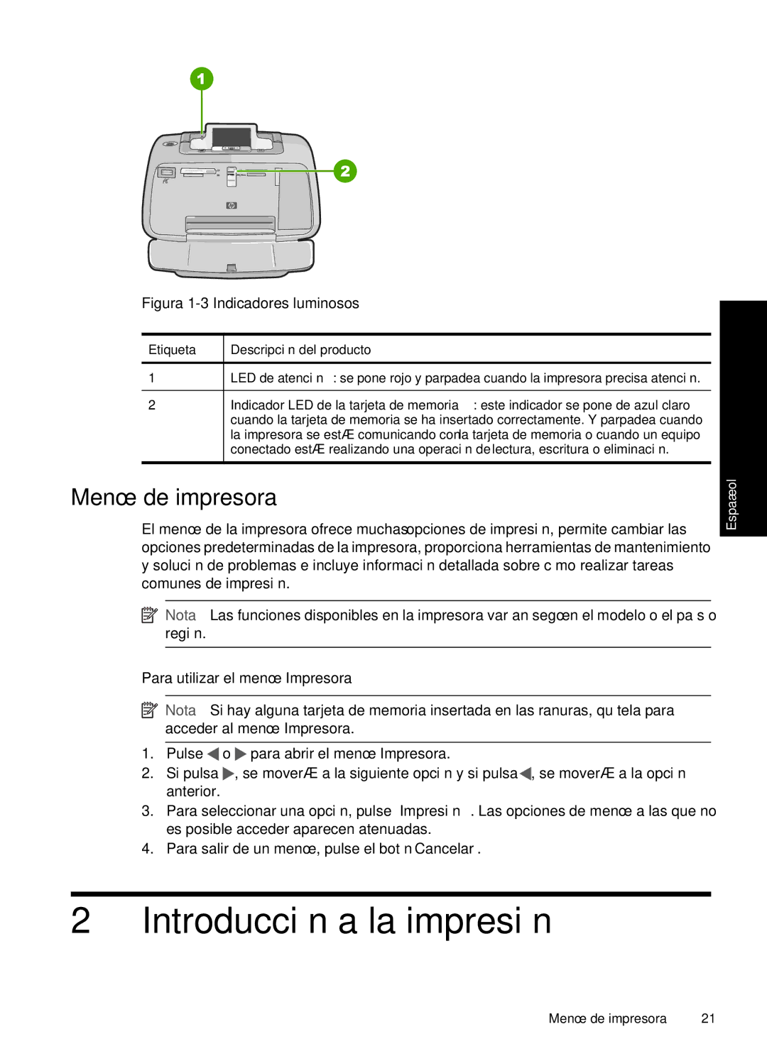 HP A528 manual Introducción a la impresión, Menú de impresora, Para utilizar el menú Impresora 