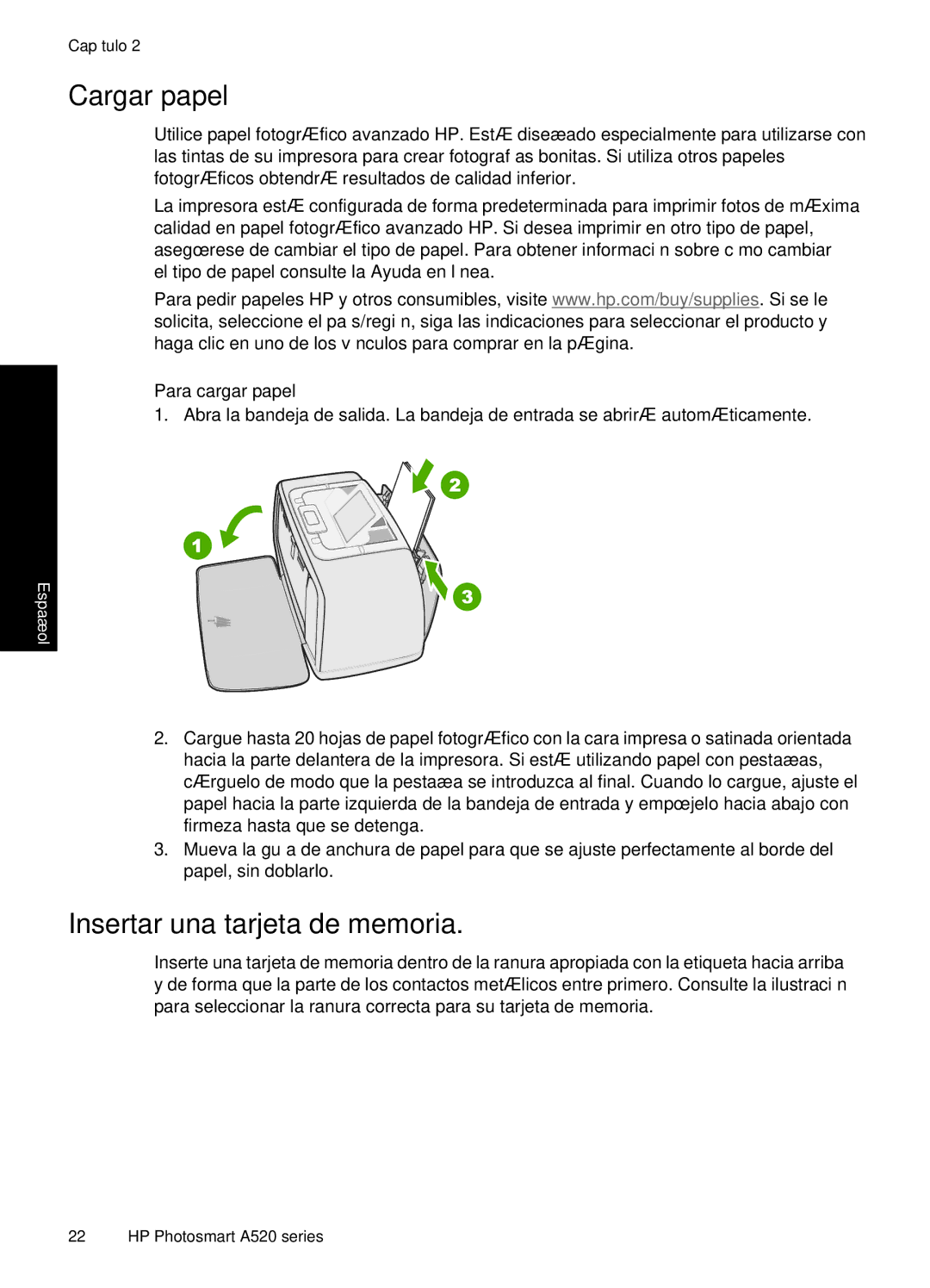 HP A528 manual Cargar papel, Insertar una tarjeta de memoria, Para cargar papel 