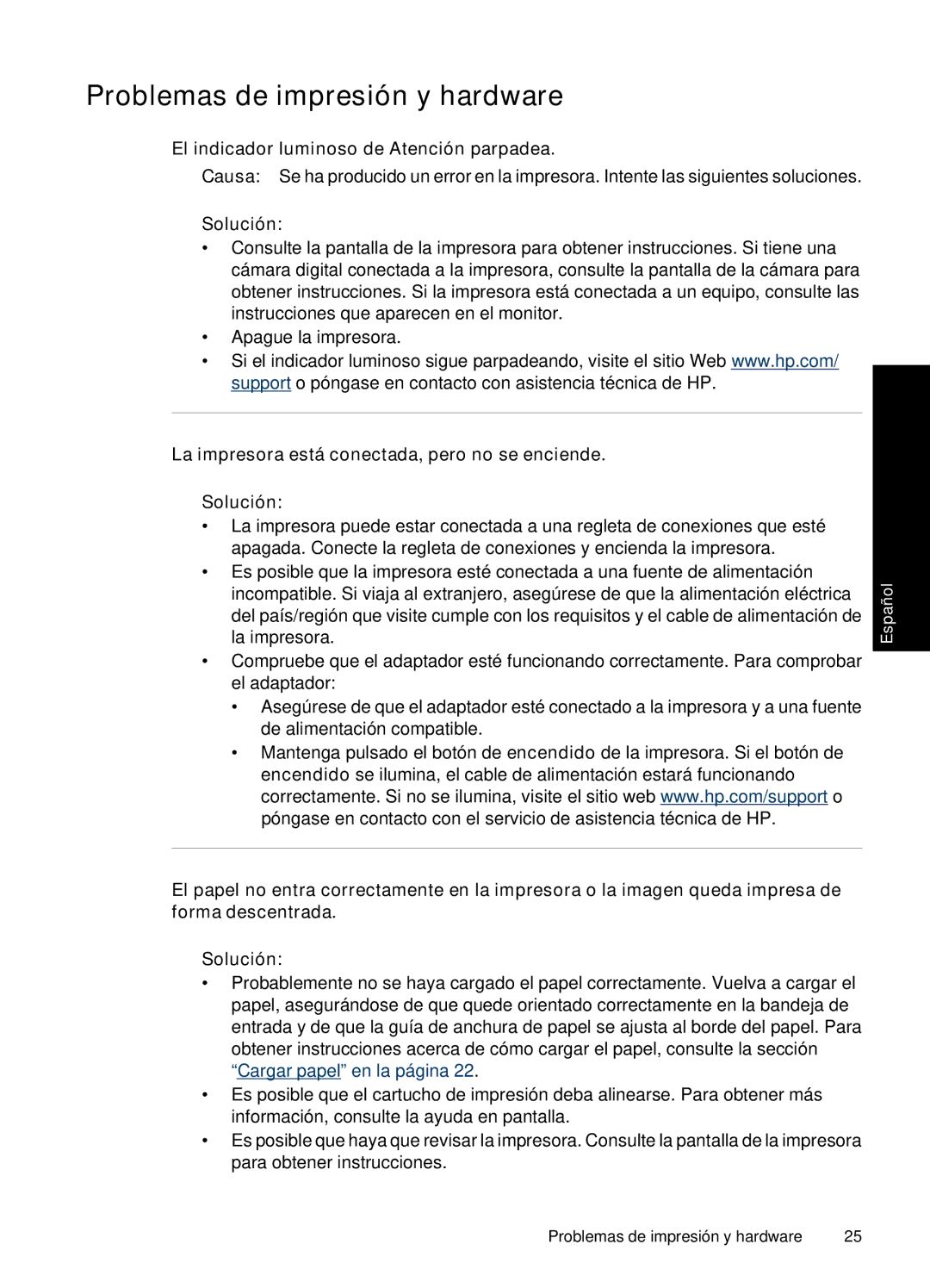 HP A528 manual Problemas de impresión y hardware, El indicador luminoso de Atención parpadea, Solución 