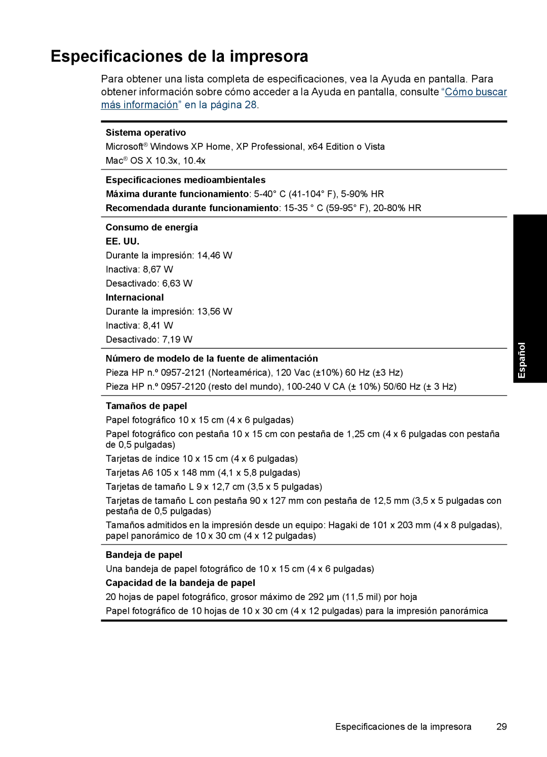 HP A528 manual Especificaciones de la impresora 