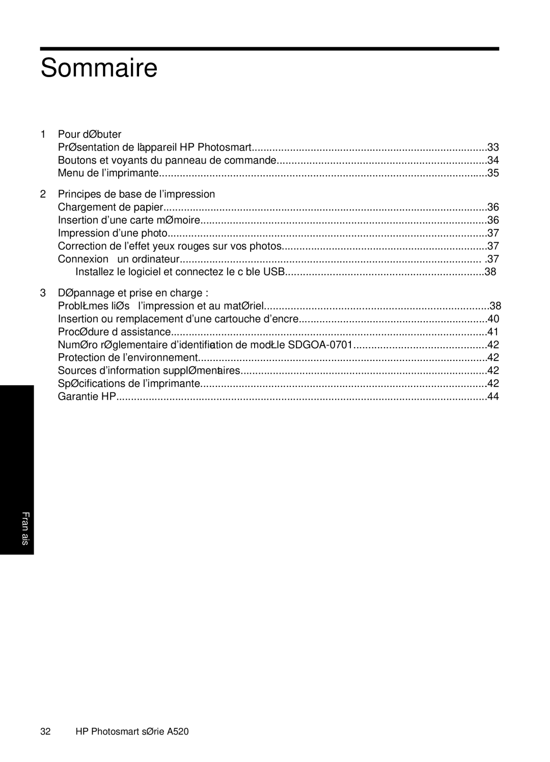 HP A528 manual Sommaire, Pour débuter, Principes de base de limpression, Dépannage et prise en charge 