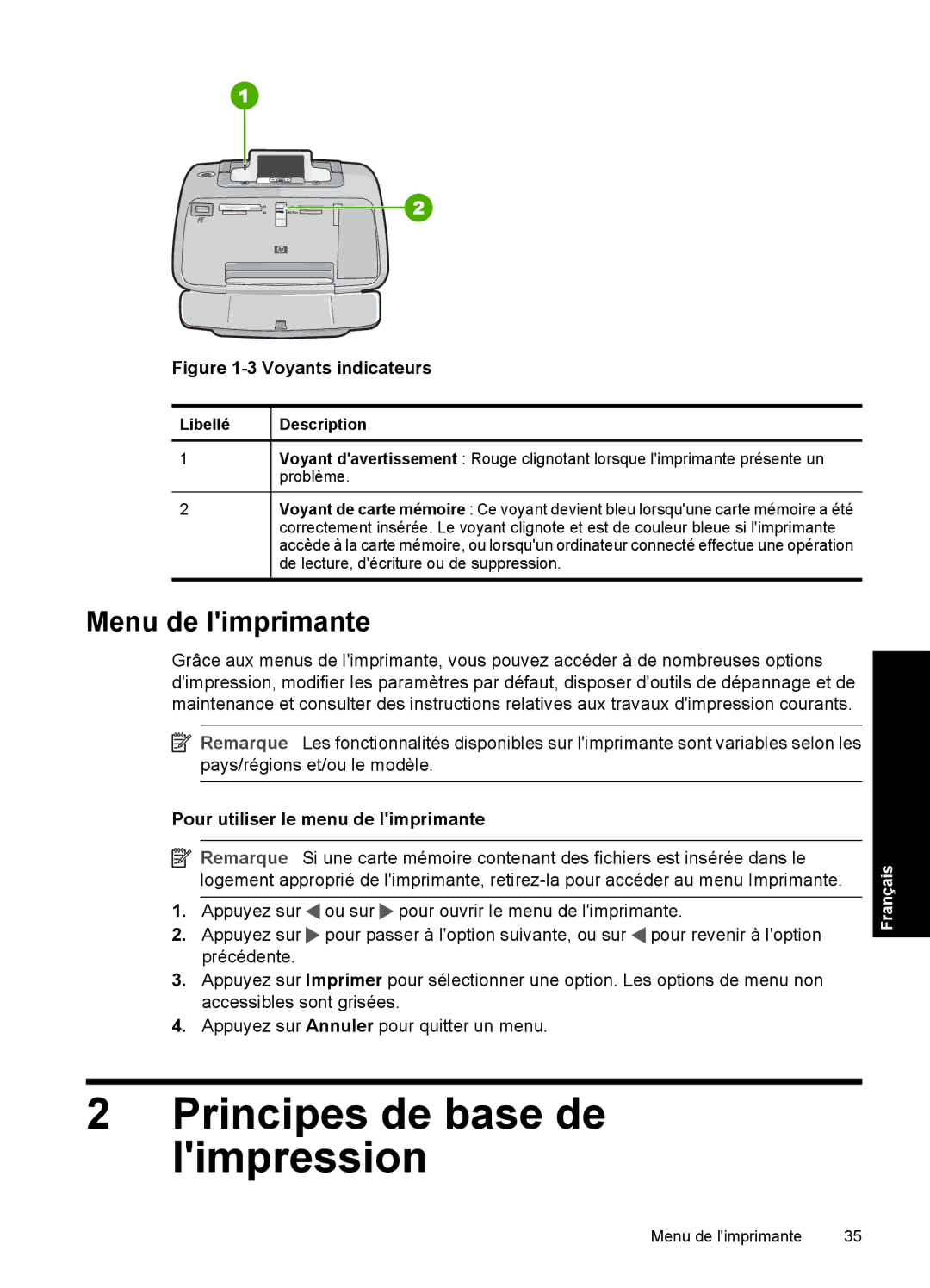 HP A528 manual Principes de base de limpression, Menu de limprimante, Pour utiliser le menu de limprimante 