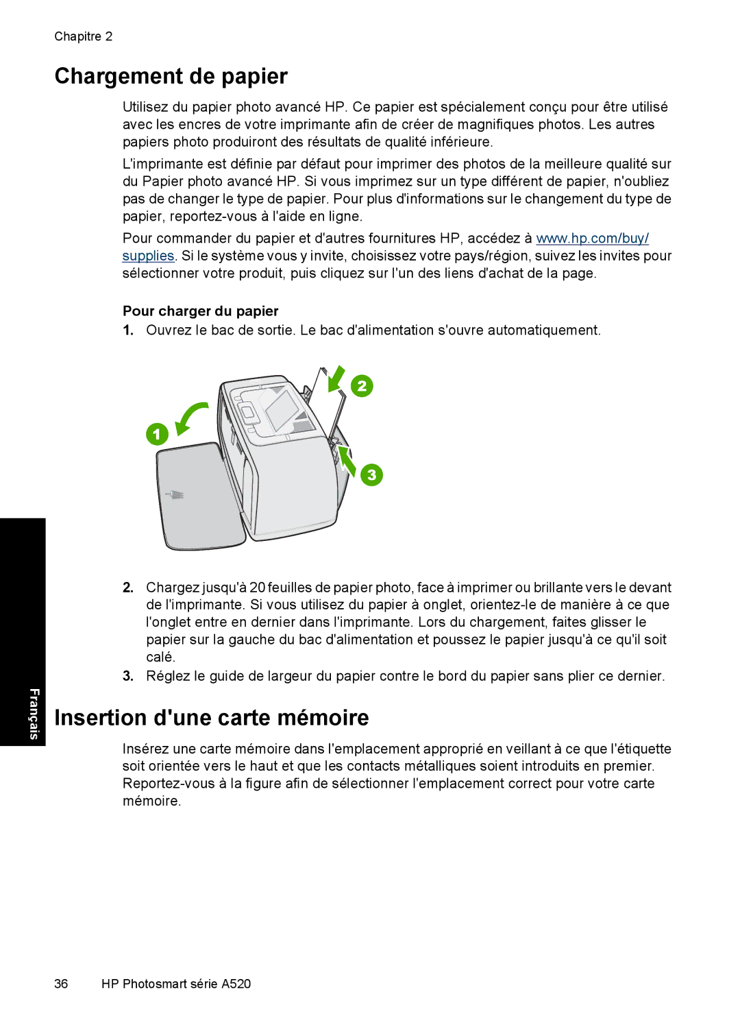 HP A528 manual Chargement de papier, Insertion dune carte mémoire, Pour charger du papier 