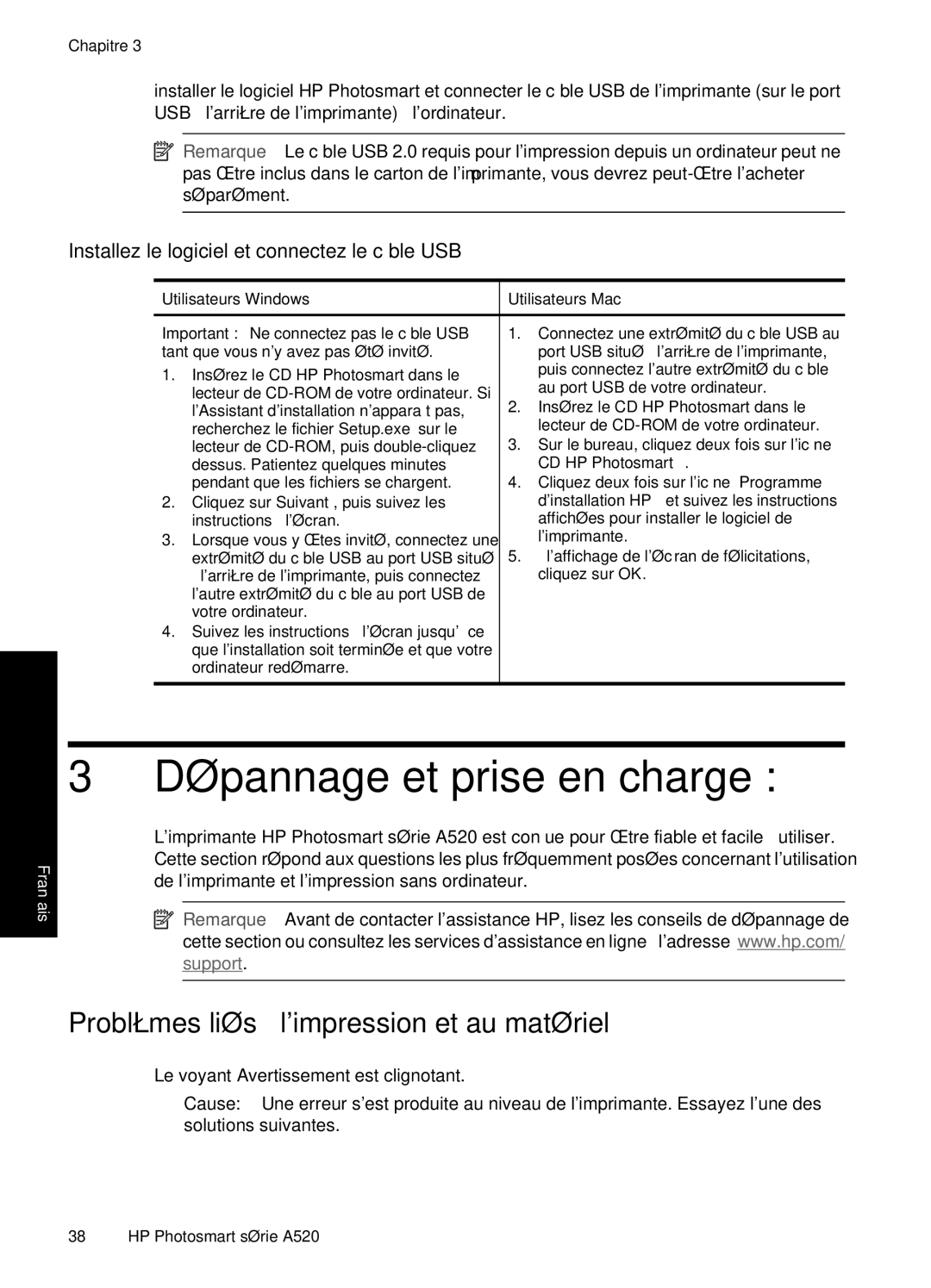 HP A528 Dépannage et prise en charge, Problèmes liés à limpression et au matériel, Le voyant Avertissement est clignotant 