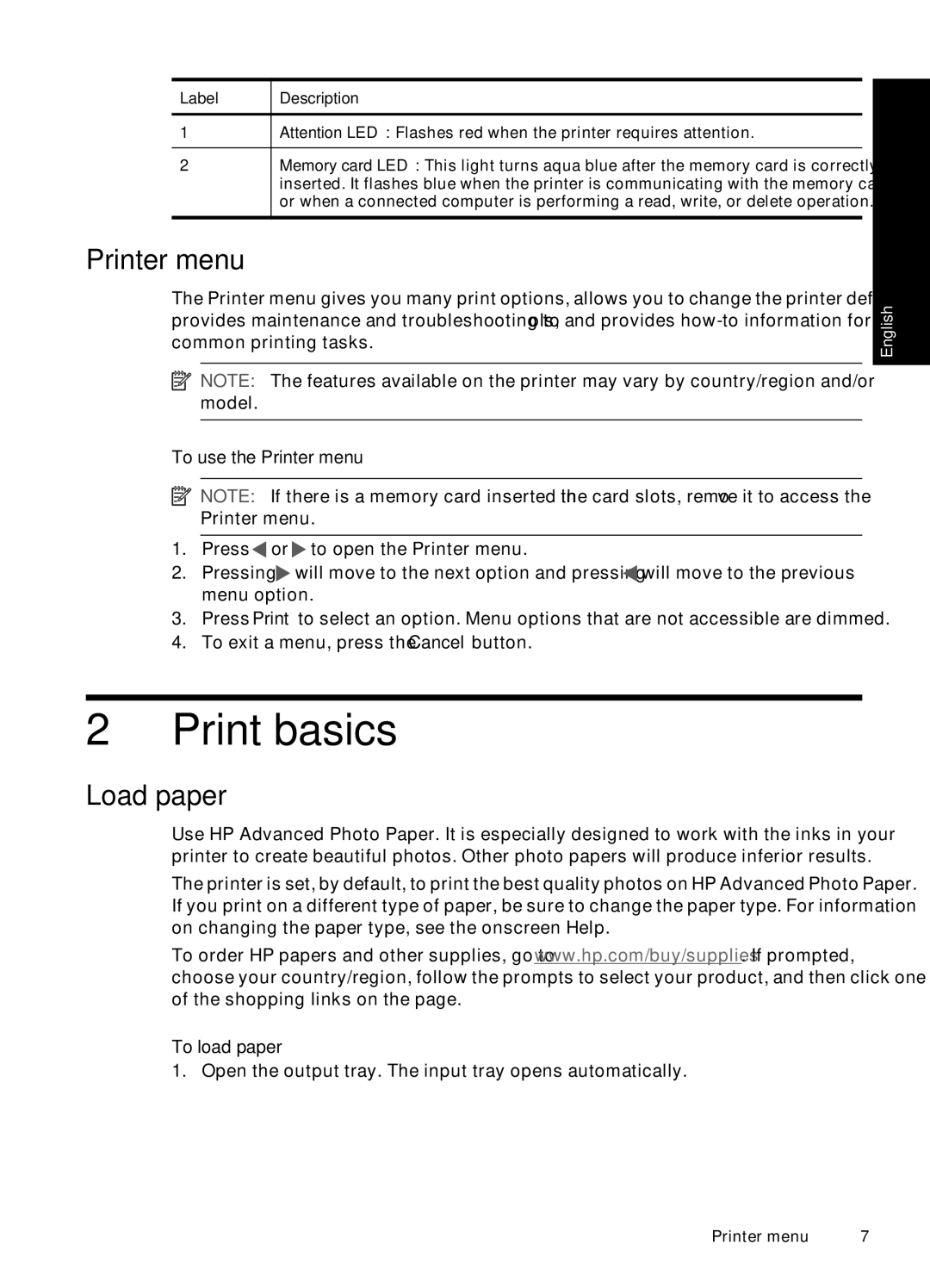 HP A528 manual Print basics, Load paper, To use the Printer menu, To load paper 