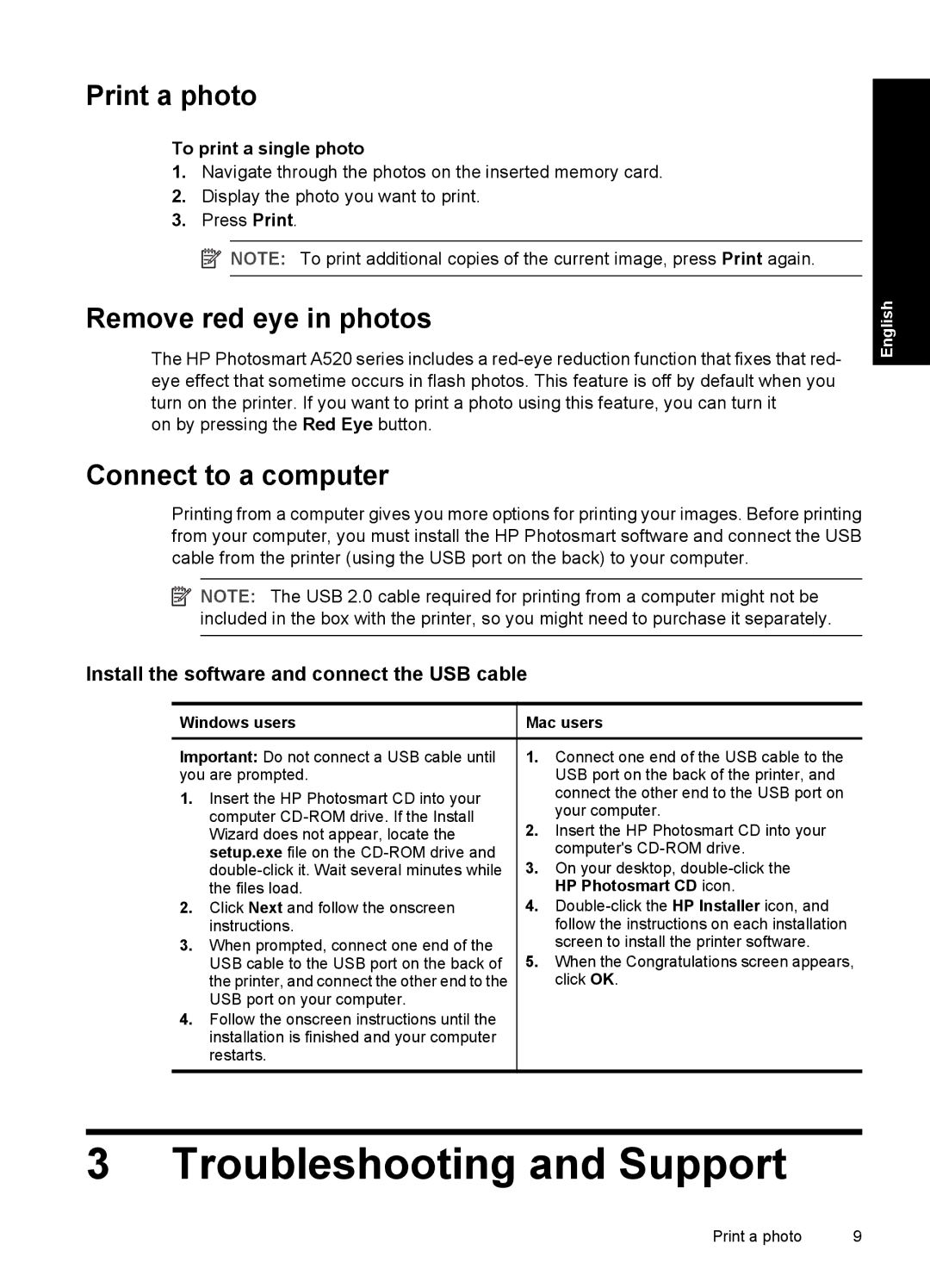 HP A528 manual Troubleshooting and Support, Print a photo, Remove red eye in photos, Connect to a computer 