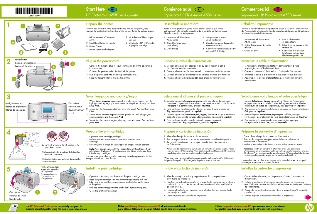 HP A530 manual Unpack the printer, Desembale la impresora, Déballez l’imprimante, Plug in the power cord 